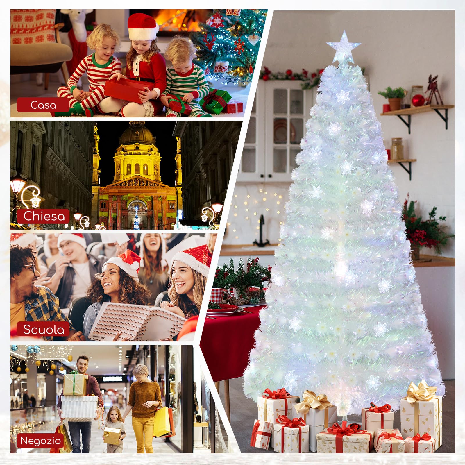 COSTWAY Albero di Natale Pre-illuminato in Fibra Ottica 120/150/180/210 cm, Albero di Natale Bianco con Foglie Iridescenti, Luci a LED a Fiocco di Neve Multicolore, Luce Superiore a Stella (210 CM)
