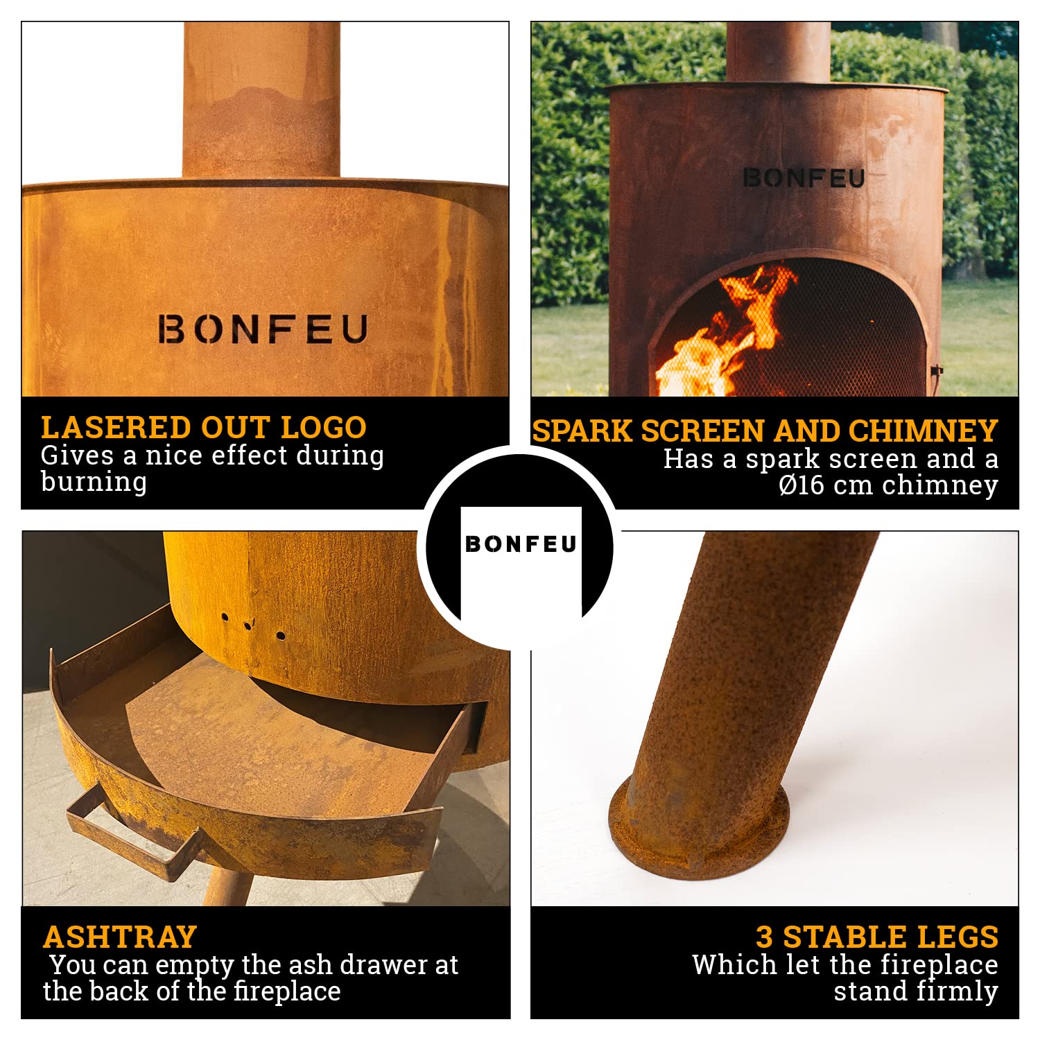 BonFeu BonTon 60 Grate - Patio stove - Fireplace with spark protection for relaxing evenings - Fire column outdoor - Patio fireplace with barbecue grate - Corten steel garden stove - 60x60x205cm - 4