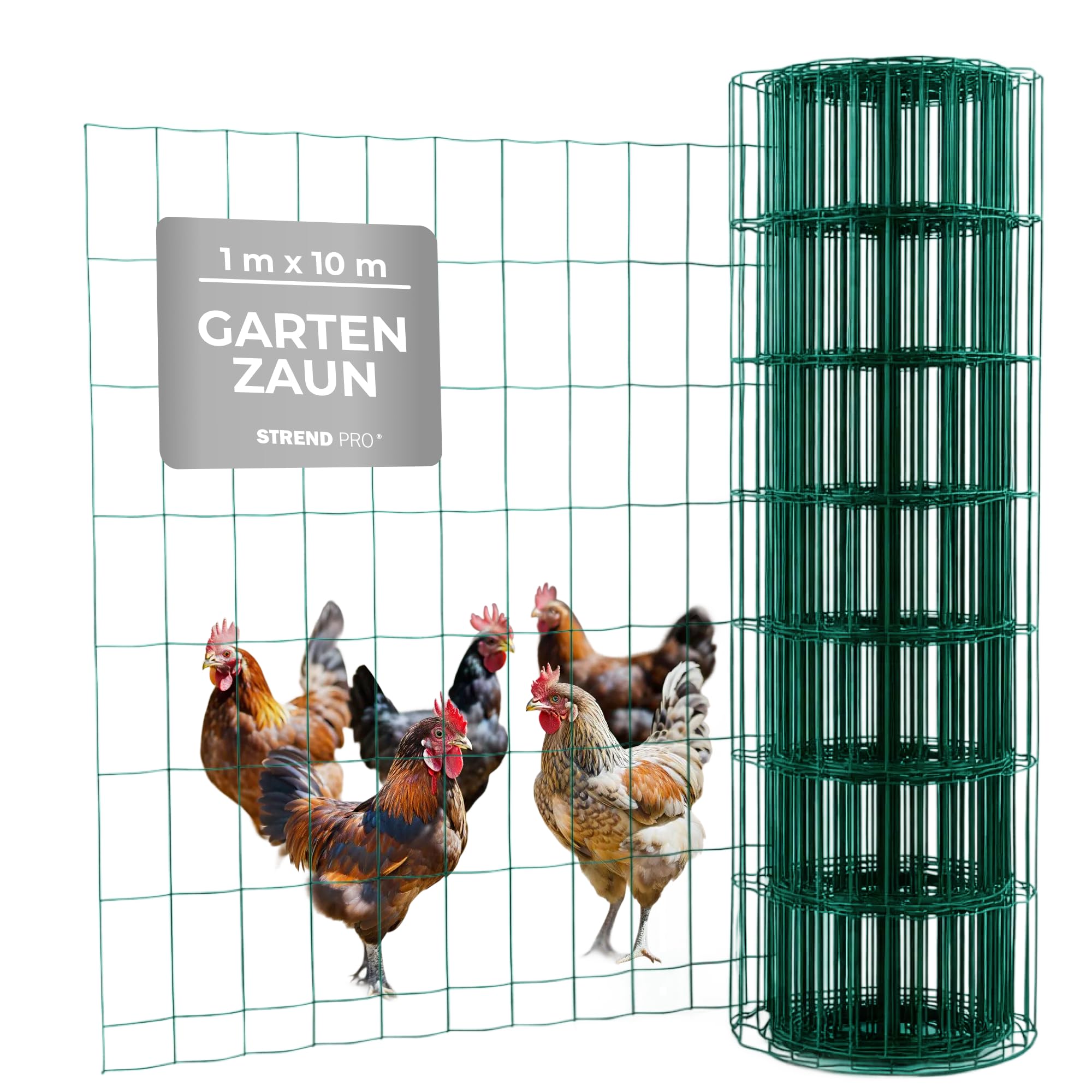 STREND PRO Zaun Gartenzaun 100cm Höhe | Länge 10 m | Grün Wildzaun | Maschenweite 100 x 50 mm | Verzinkt & PVC-beschichtet | Schweißgitter Zaunrolle | Maschendrahtzaun | Drahtzaun