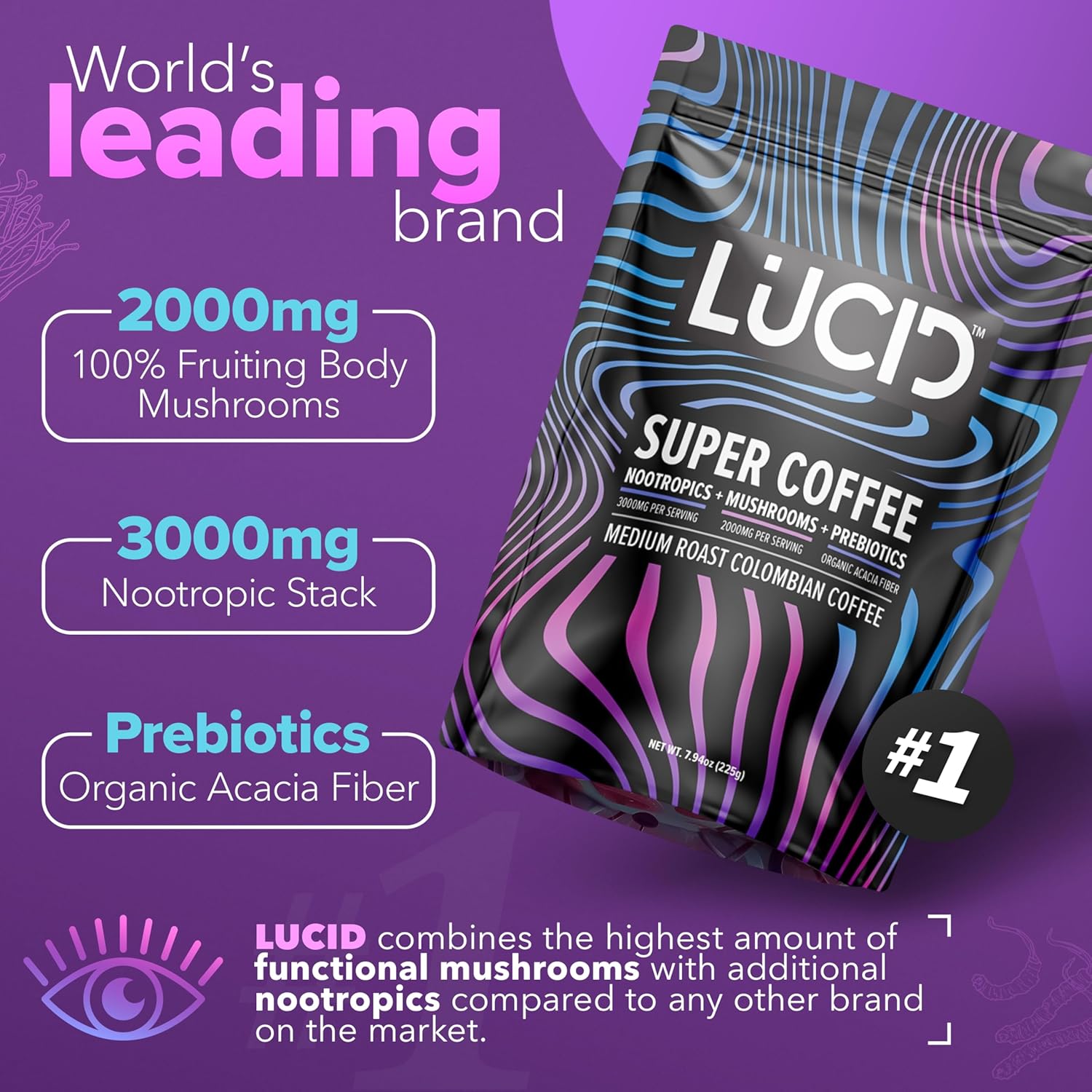 Lucid Superfood Organic Mushroom Coffee with Nootropics - Lion's Mane, Tremella, Cordyceps & Turkey Tail - Instant Mushroom Coffee Focus Brain Health - Alpha GPC, L-Theanine, Ginko Biloba - USA Made - Image 2