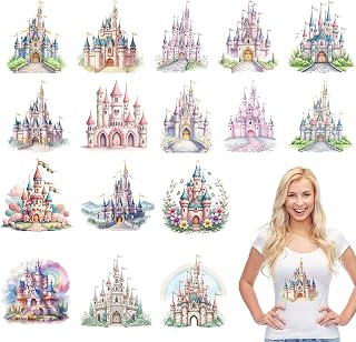 Castle DTF Transfers Ready to Press, 16 Pcs Princess Castle Iron on Transfers for T-Shirt, Romantic Iron on Decals, Heat Transfer Vinyl for Clothing, DIY Crafts