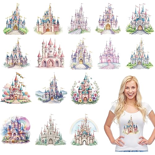 Castle DTF Transfers Ready to Press, 16 Pcs Princess Castle Iron on Transfers for T-Shirt, Romantic Iron on Decals, Heat Transfer Vinyl for Clothing, DIY Crafts