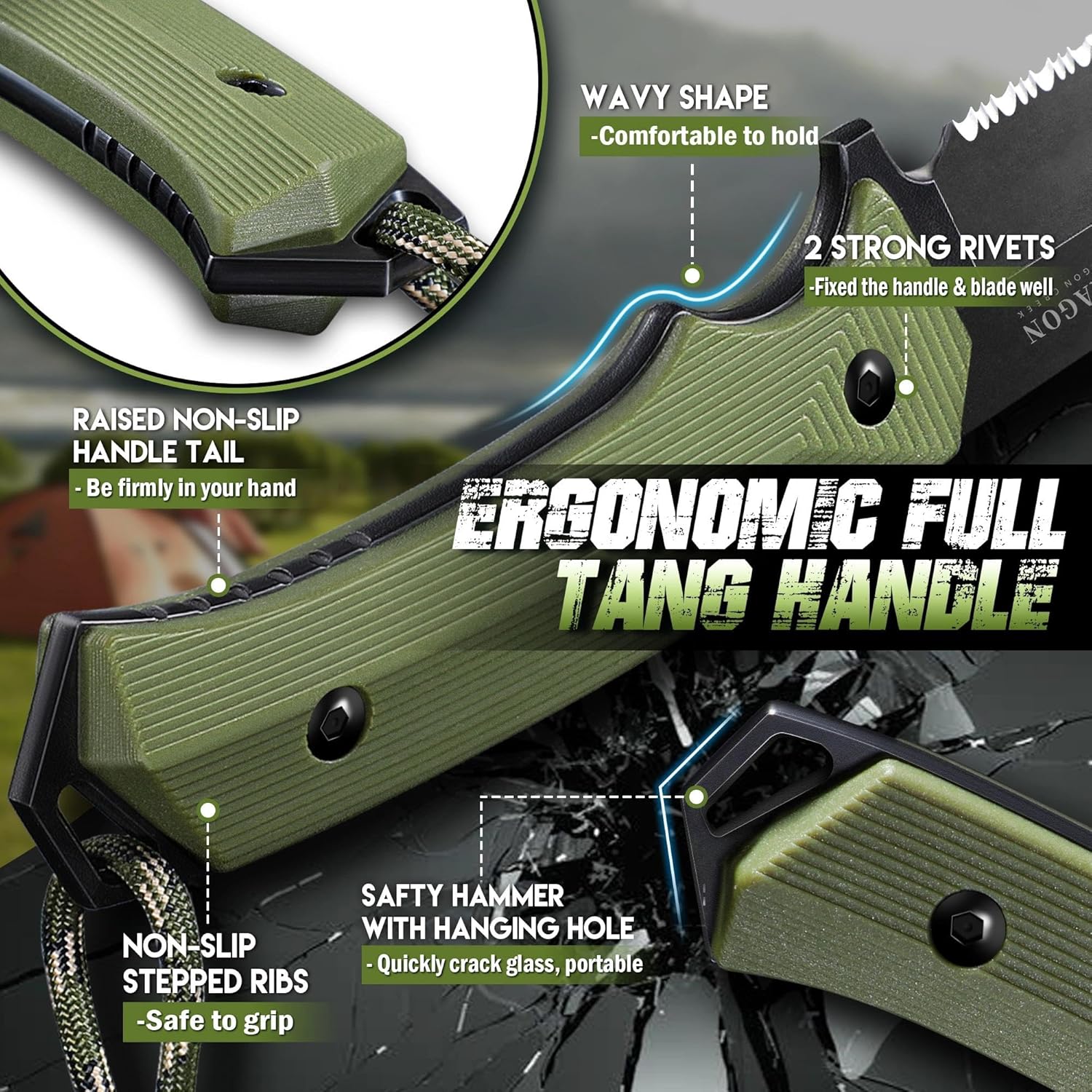 Dragon Creek Fixed Blade Knife - Full Tang Green - Image 4