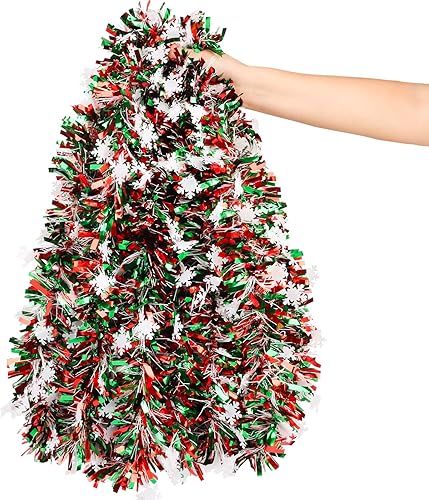 FOIMAS Guirnalda de oropel de Navidad de 33 pies, guirnalda metálica de Navidad con copo de nieve blanco y colgante de techo para árbol de Navidad,