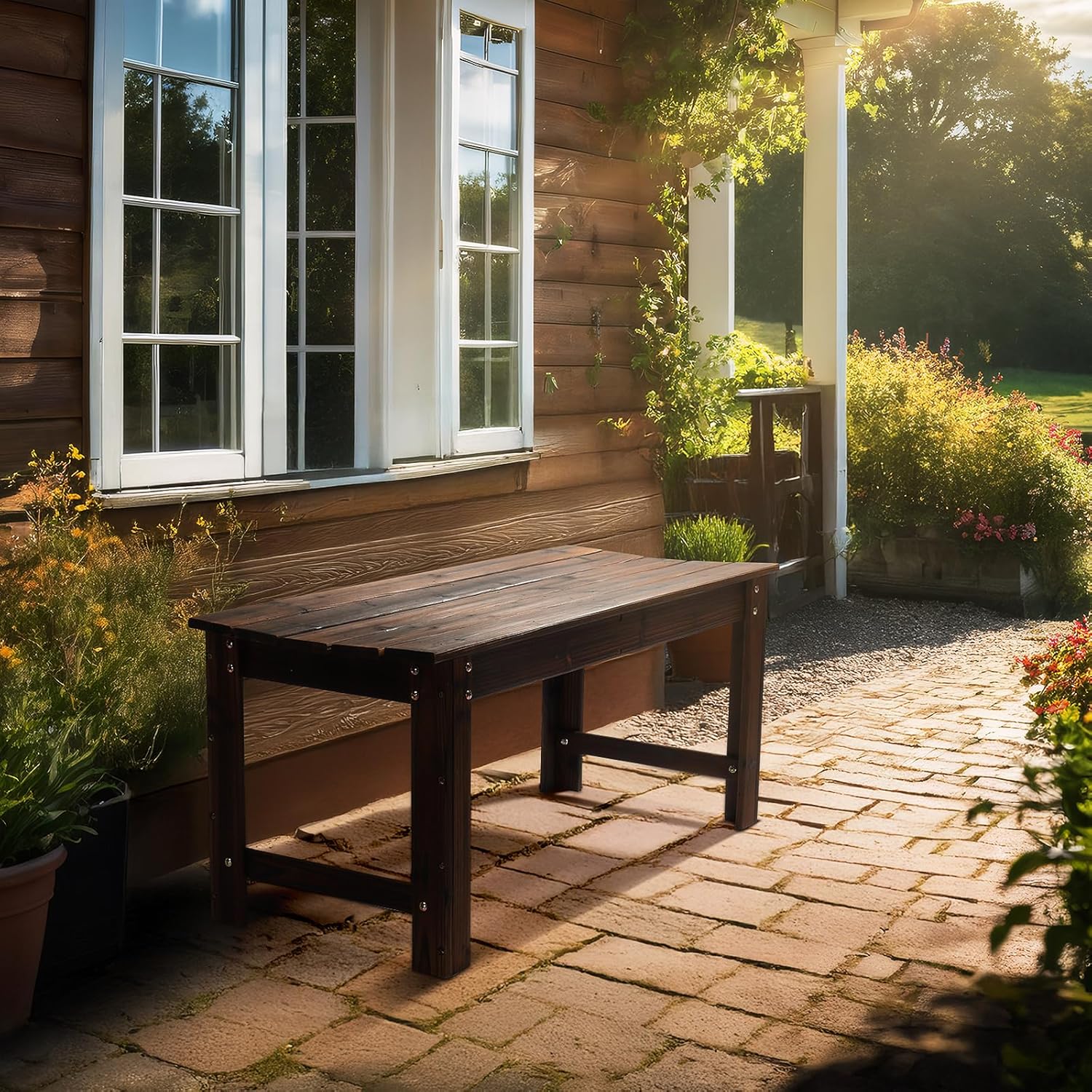 VINGLI Outdoor Wood Bench, 40" Outdoor Bench Patio Wooden Bench Garden Bench Outdoor Backless Bench for Deck Patio (Carbonized)