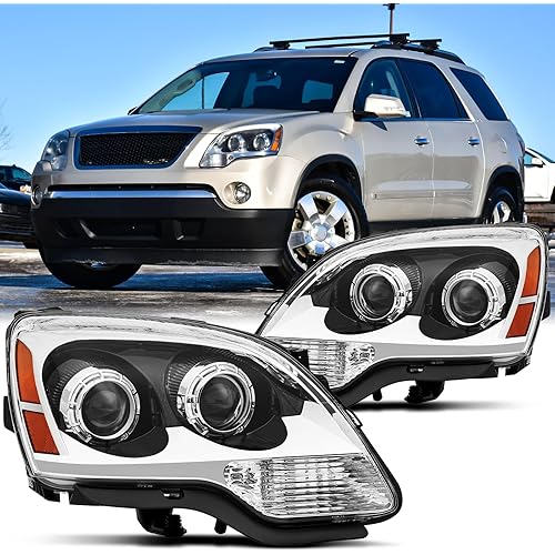 Pair Headlights Assembly DOT Approved Compatible with 2007 2008 2009 2010 2011 2012 GMC Acadia SLE SLT Chrome Housing Amber Reflector OE Halogen Type Headlamps Driver and Passenger Side