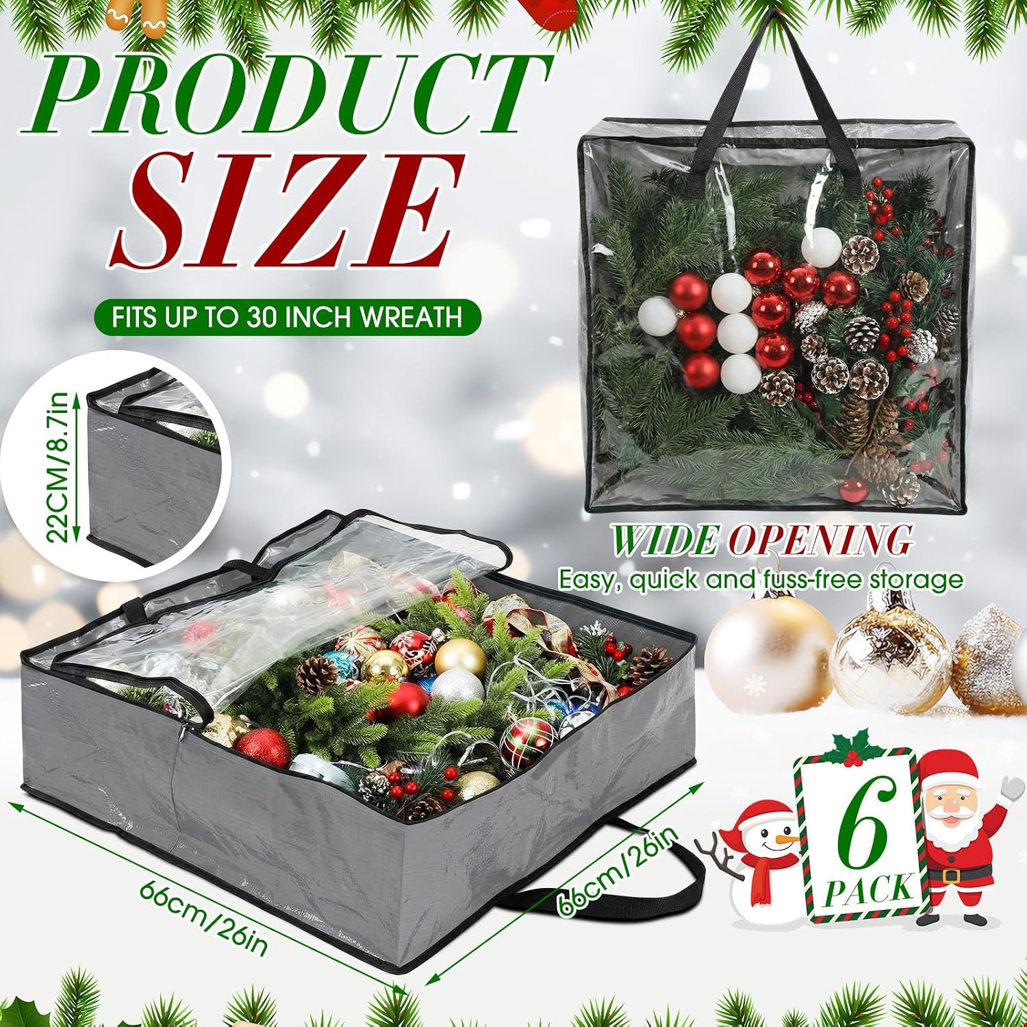 6 Pcs Christmas Wreath Storage Container 26 x 26 x 8.7 Inch Bags, Gray image 2