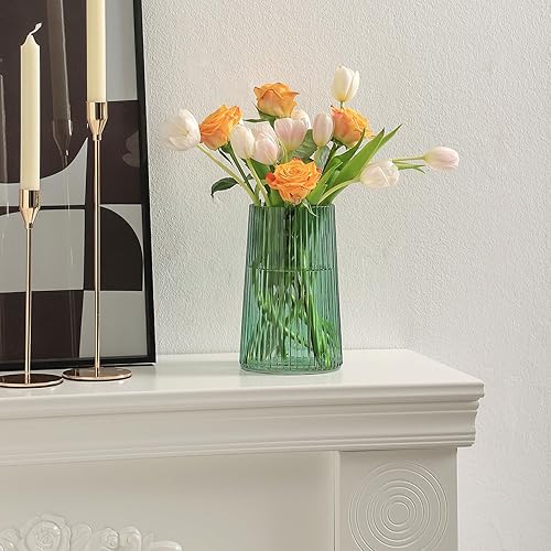 Miniatura 2 de Jarrón de cristal verde para flores, florero para ramo, jarrones de vidrio modernos, jarrones acanalados para sala de estar, dormitorio, mesa de