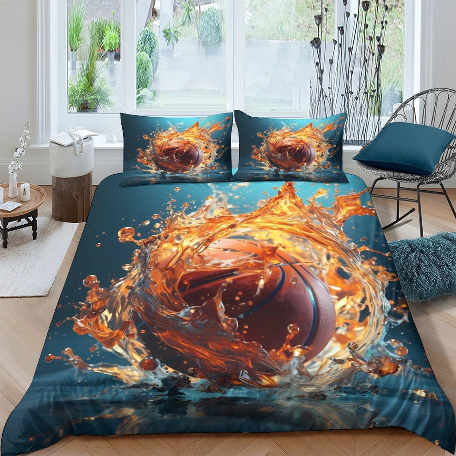 Ctjqhvkz Style-4 3D Printed Basketball Splash Fitted Sheet Microfiber Soft Waterproof Fire Ball Mattress Cover For Bedroom Guestroom Decor Single（135X200cm）