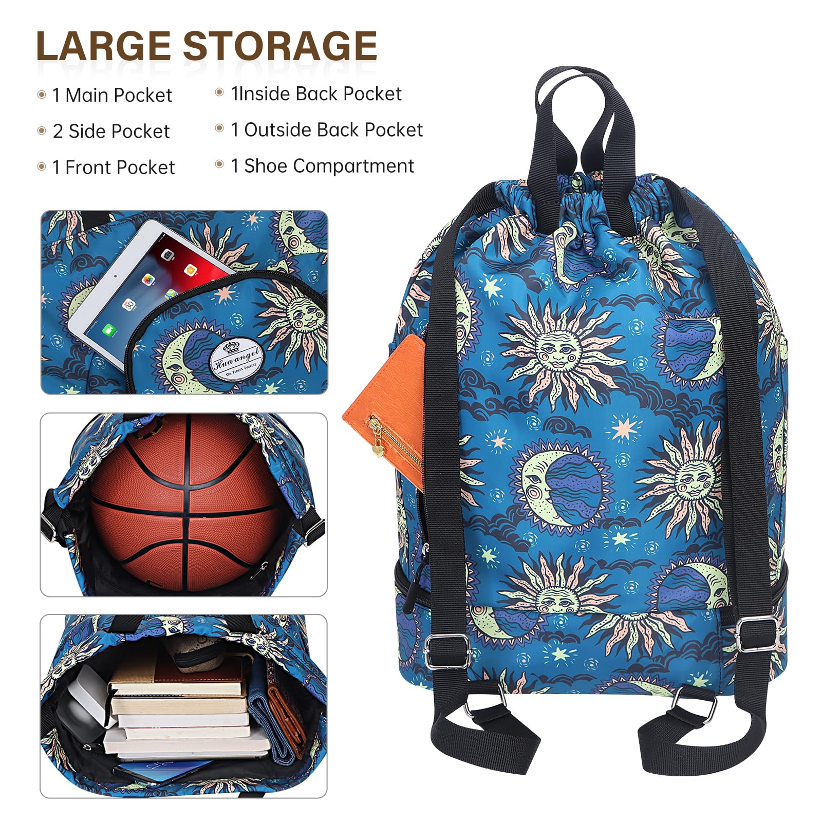 HUA ANGEL Unisex Drawstring Backpack Sports Gym Bag Drawstring Bag Weekend Daypack With Shoe Compartment for Women Men Basketball Football Outdoor Fitness Yoga Swimming Beach - Image 3