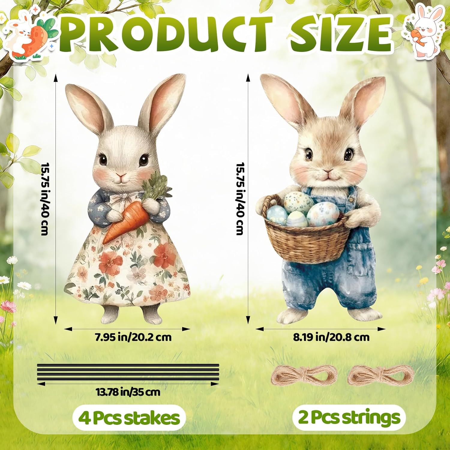 2 Pcs Easter Metal Vintage Bunny Yard Signs, Retro Bunny Couple Easter Decorations Outdoor, Farmhouse Rustic Rabbit Hanging Wall Decor with Carrot Eggs for Home Family Outside Spring Patio