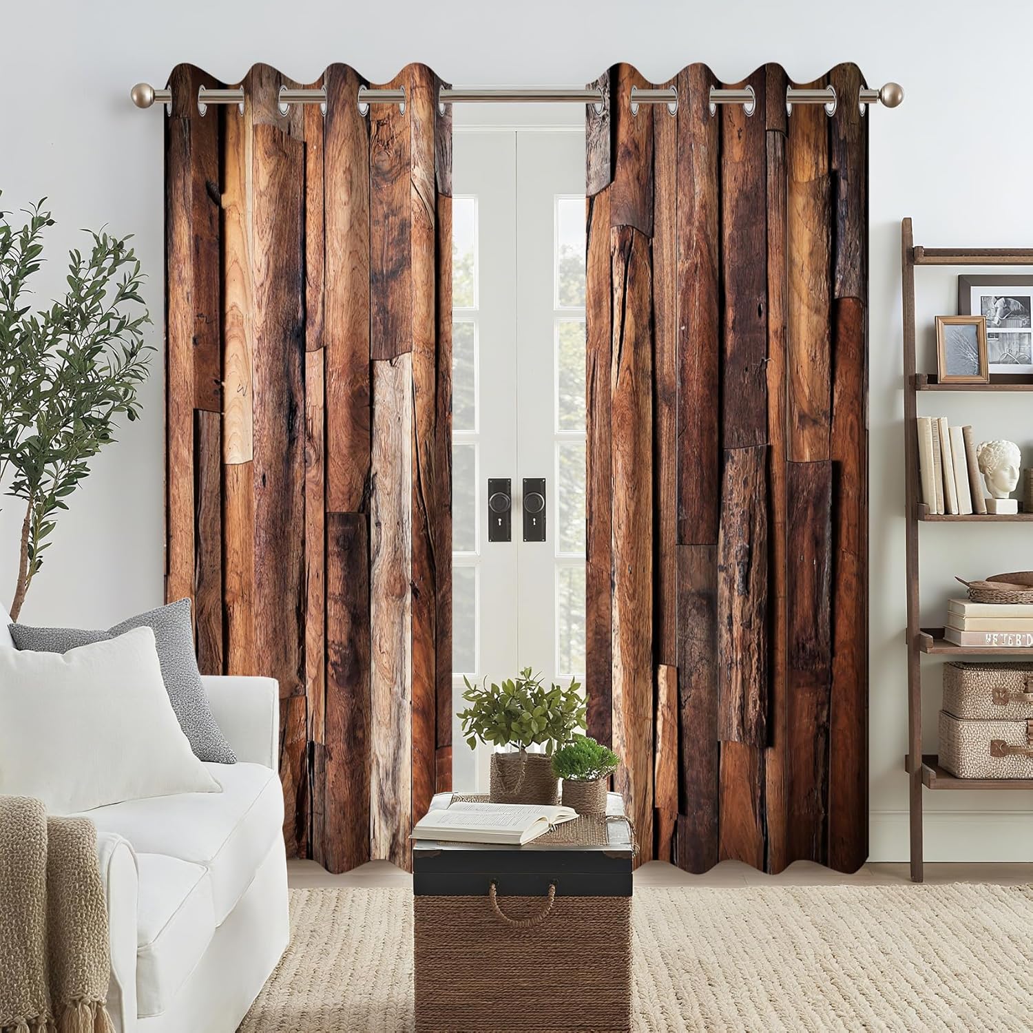 Rustic Wooden Barn Door Blackout Curtains for Living Room Bedroom, Wood Plank Brown Barnwood Western Country Style Window Curtain with Grommet Drapes,2 Panels,Each W21 xL63
