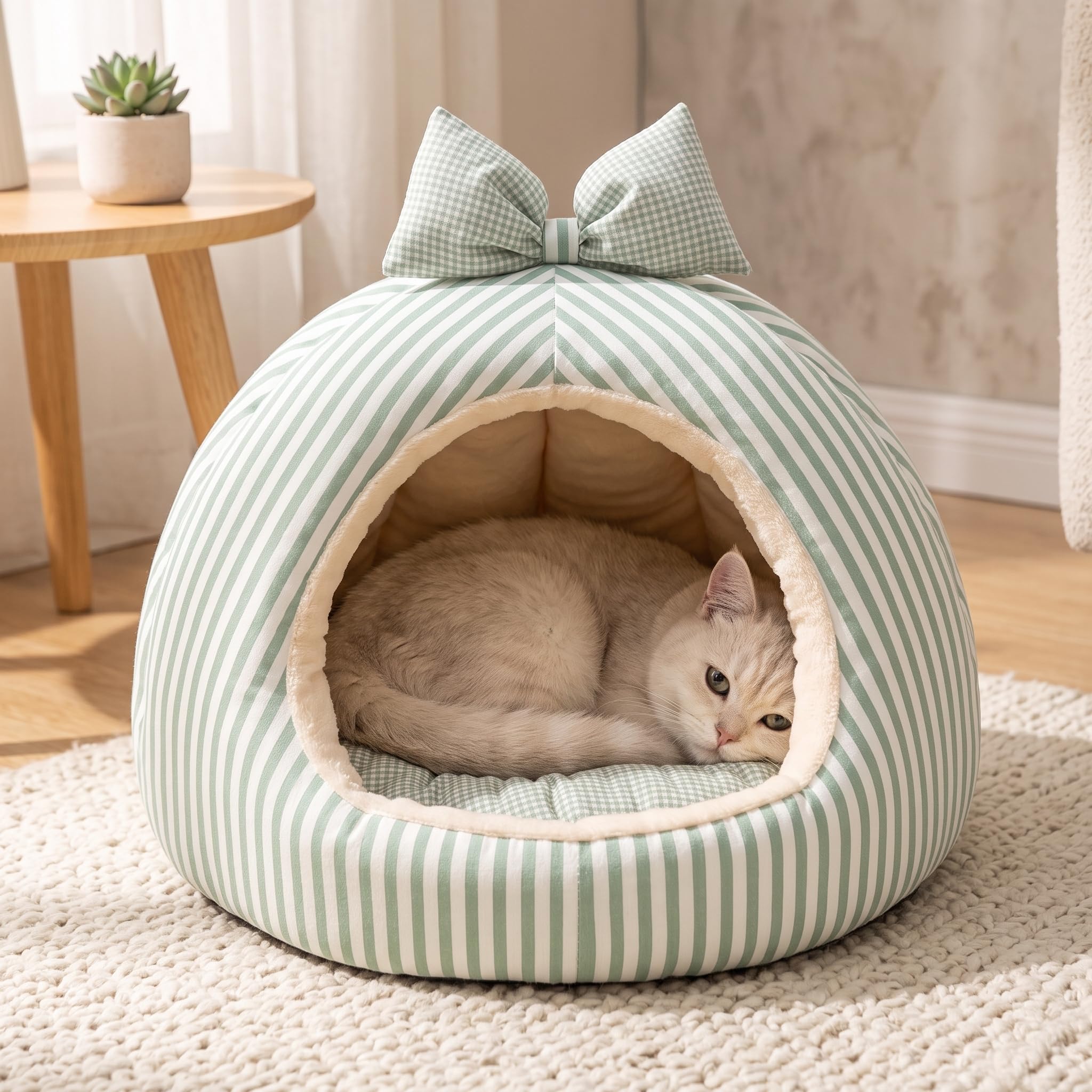 Katzenbett, Katzenhöhle flauschig, Katzenkörbchen aus PP-Baumwolle, Katzenhaus für den Winter, Grünes Schleifennest, M (bis 12 kg) 52 * 52 * 40CM