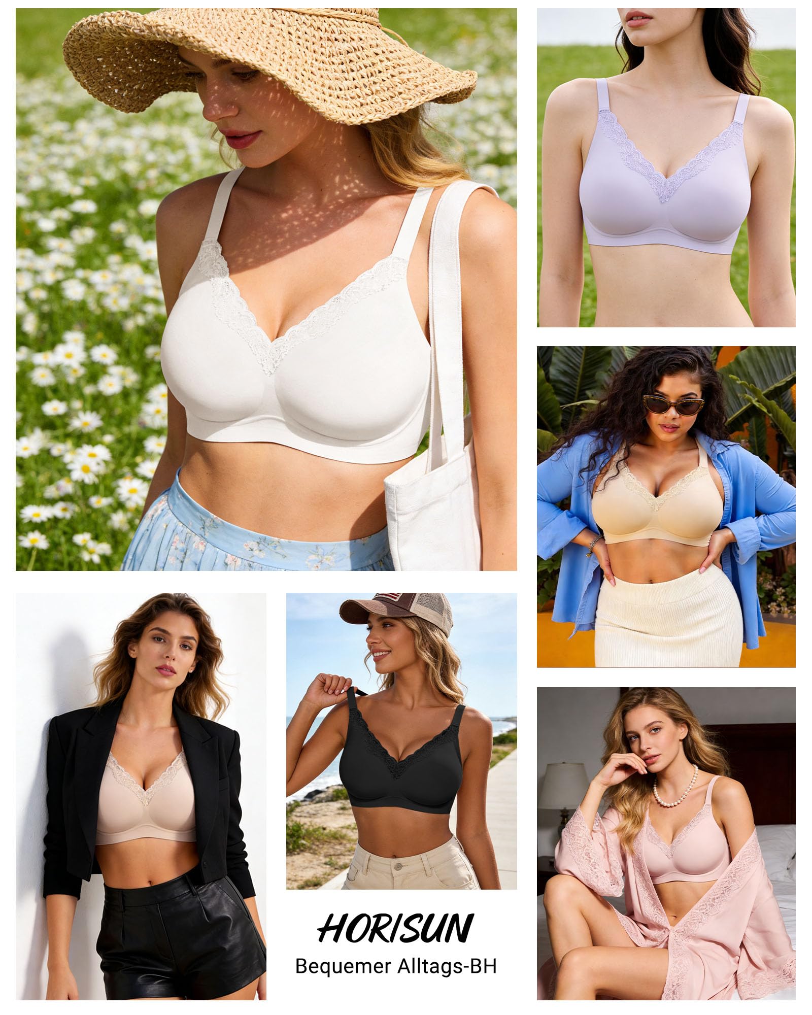 HORISUN Soutien-Gorge sans Armatures avec col en V et Bordure en Dentelle, Maintien Doux, Bretelles Larges et Ailes latérales, Soutien-Gorge t-Shirt sans Coutures pour Femme