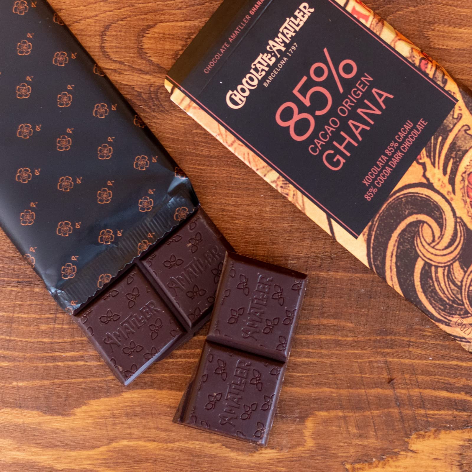 CHOCOLATES AMATLLER - Pack 10 Tabletas de Chocolate Negro 85% Cacao Origen Ghana (70gr x 10) – Sin Gluten