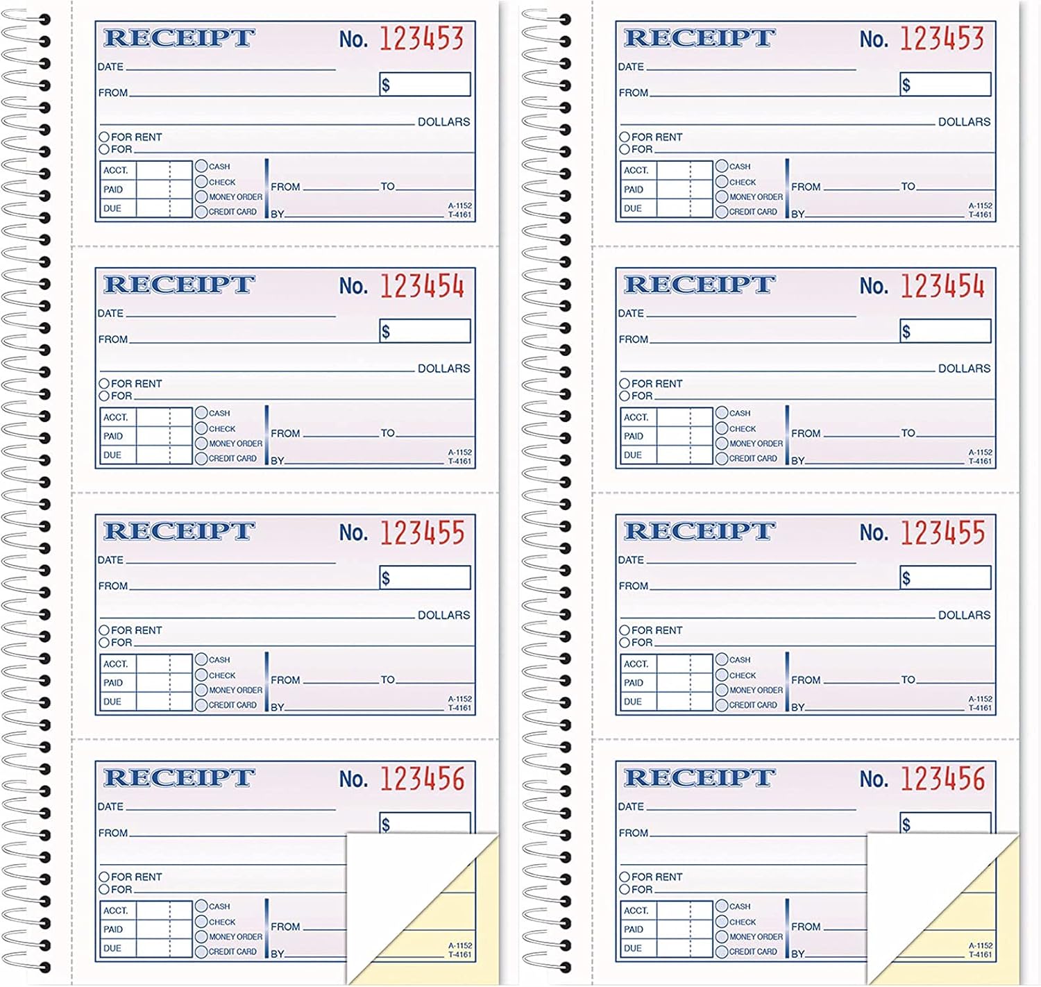 Money/Rent Receipt Book, 2-Part, Carbonless, 11 x 5.25 Inches, 4 Receipts/Page, 200 Sets per Book (4161), White Pack of 2
