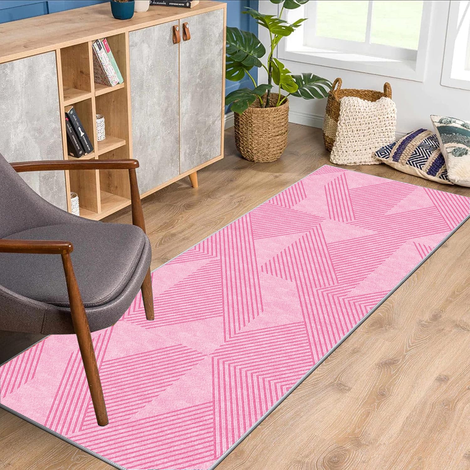Extra Langer Teppich Läufer Lang Flur Küche rutschfest waschbar 120x420cm Rosa Teppichmatten Küchenläufer Schmutzfangmatte Küchenteppich Meterware Esszimmer Schlafzimmer