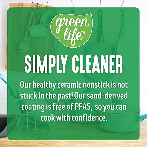 Vista 6 de GreenLife Soft Grip Healthy Ceramic Nonstick 12 Piece Cookware Pots and Pans Set, PFAS-Free, Dishwasher Safe, Turquoise Turquesa,Negro