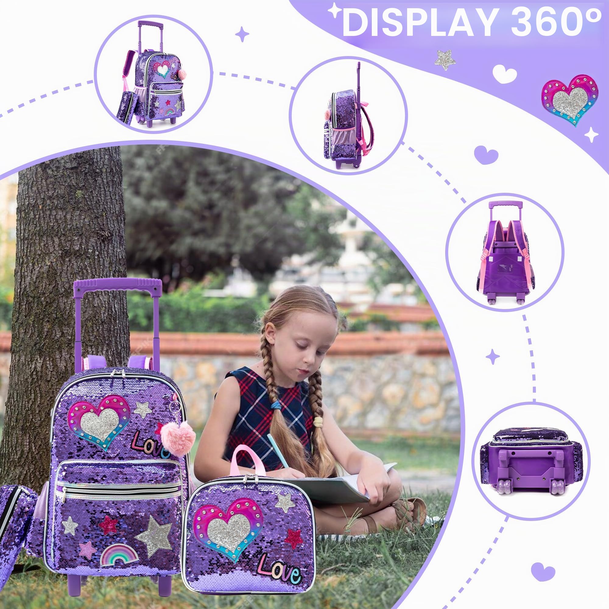 HTgroce Trolley Zaino con ruote, astuccio, borsa per il pranzo, 3 in 1, facile da arrotolare, per ragazze, borse per la scuola
