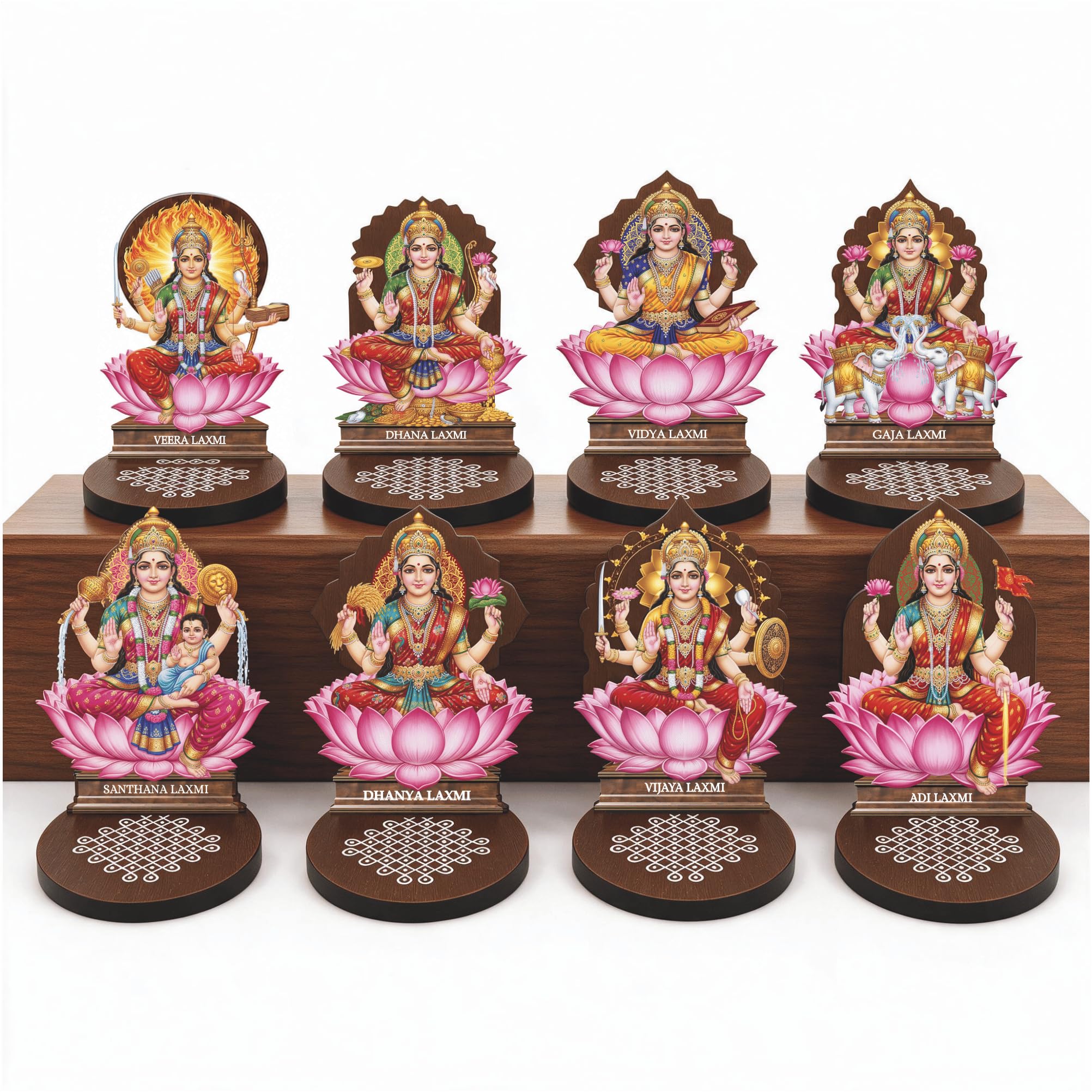 Satvaikya Ashta Lakshmi 8 Forms Printed MDF Cutouts Set with Wooden Base Stand for Mandir, Pooja Room and Home Decor | Lakshmi MATA Tabletop Spiritual Gift | Easy Assembly, Vibrant Print-image-33