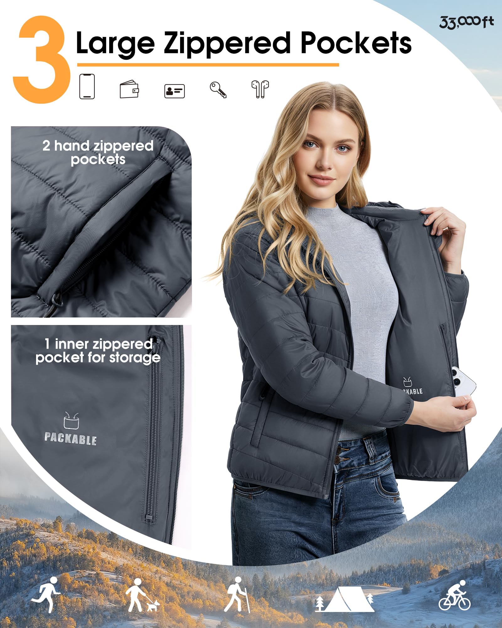 33,000ft Chaqueta acolchada con capucha para mujer, ligera, cálida y acolchada