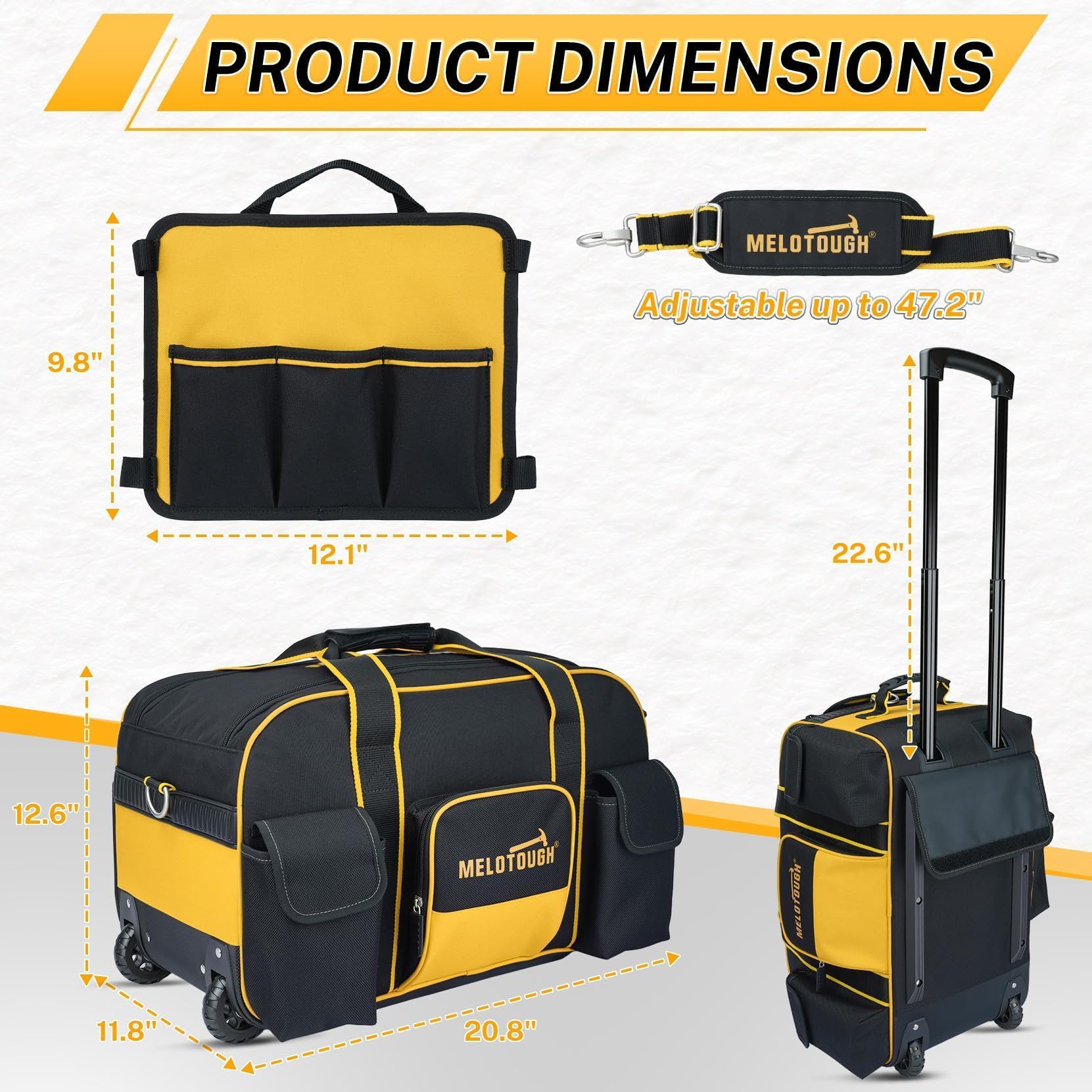 MELOTOUGH Sac à outils à roulettes robuste avec poignée télescopique dissimulée, grande capacité, plusieurs poches pour électricien, CVC, construction, charpentier (jaune)