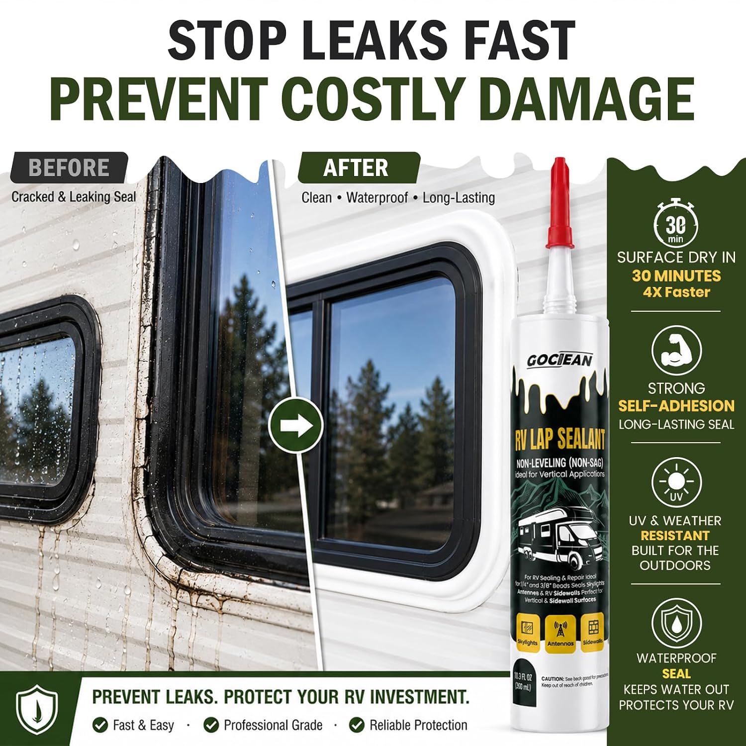 Non-Leveling RV Roof Sealant 2 Pack, Lap Sealant for RV Roofs, Non-Sag RV Roof Sealant, Waterproof White RV Sealant, Camper Roof Sealant for Vertical Surface Leak Repair