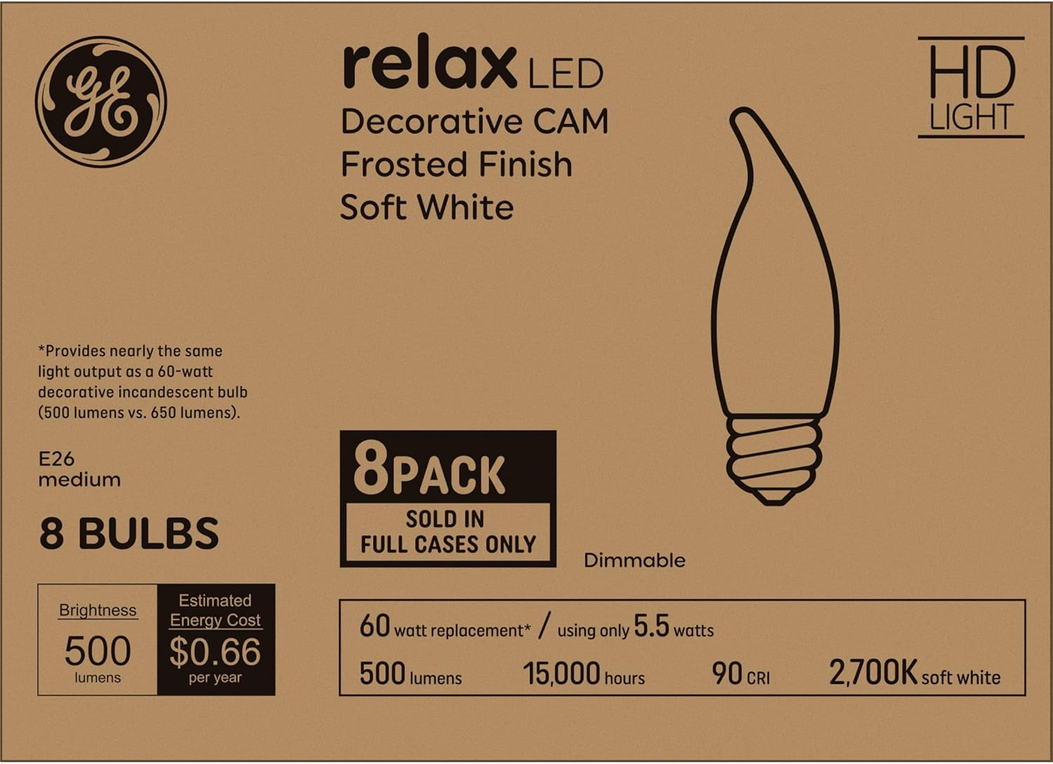 GE Relax LED Light Bulbs 60W, Soft White Candle Lights, Frosted Decorative Light Bulbs, Medium Base (8 Pack)
