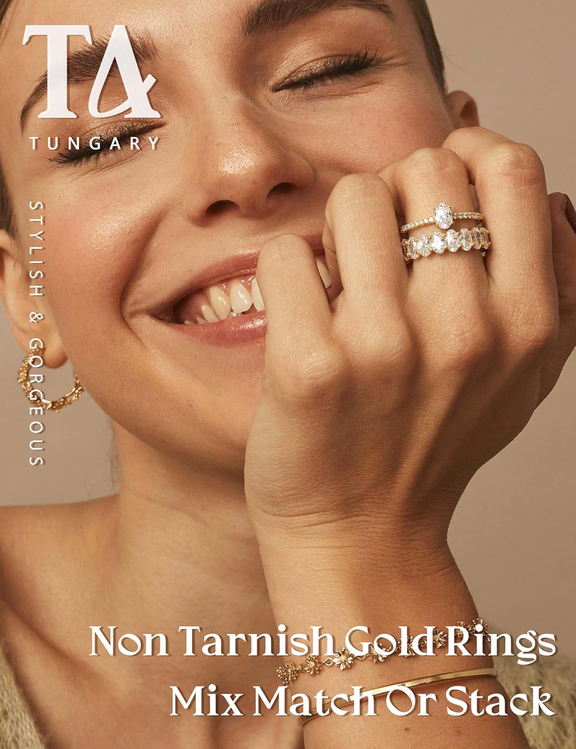 Tungary 14K Gold Plated Stackable Rings for Women Non Tarnish - Dainty Wedding Bands Gold Ring Stack Set Trendy Minimalist Cubic Zirconia Statement Engagement Promise Thumb Stacking Rings Size 5-10 - Image 2