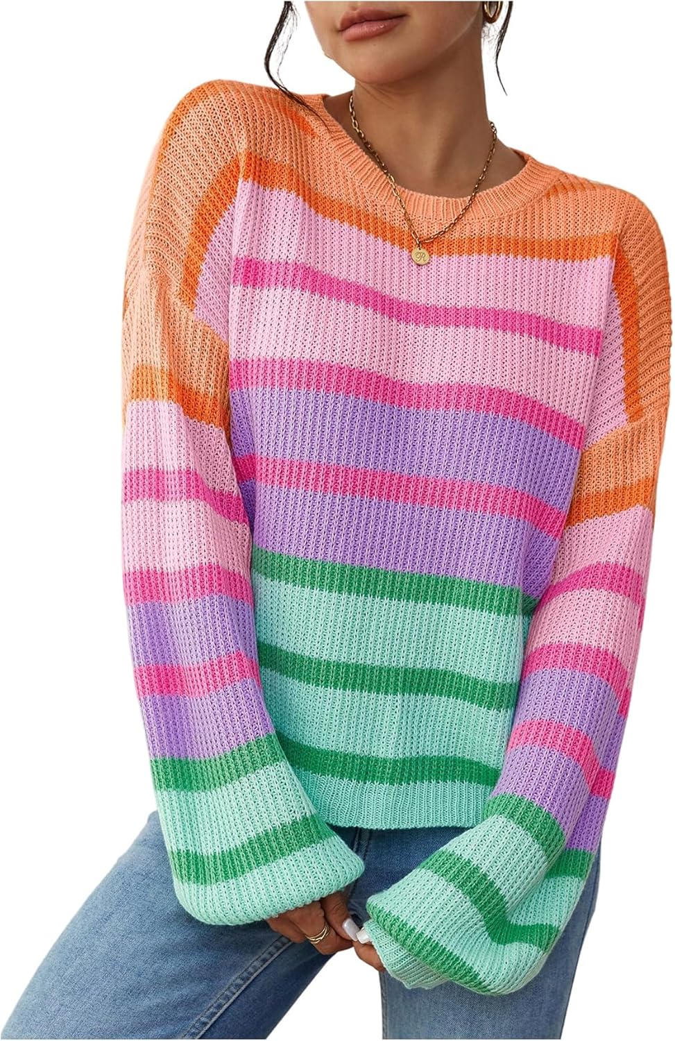 Verdusa Women's Striped Oversized Sweaters Trendy Fall Knit Tops Cozy Pullovers Color Block Sweater