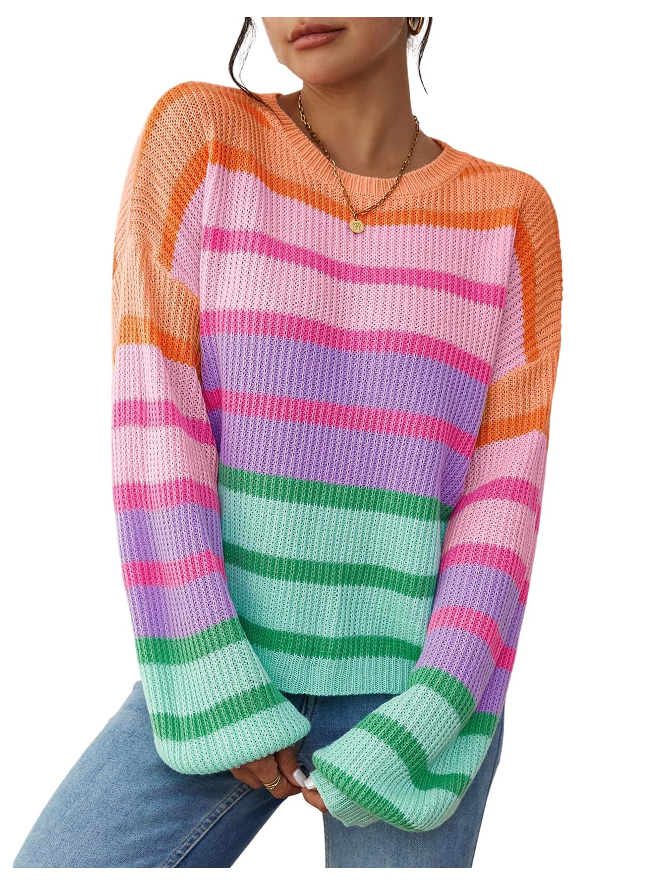 Verdusa Womens Striped Oversized Sweaters Trendy Fall Knit Tops Cozy Pullovers Color Block Sweater