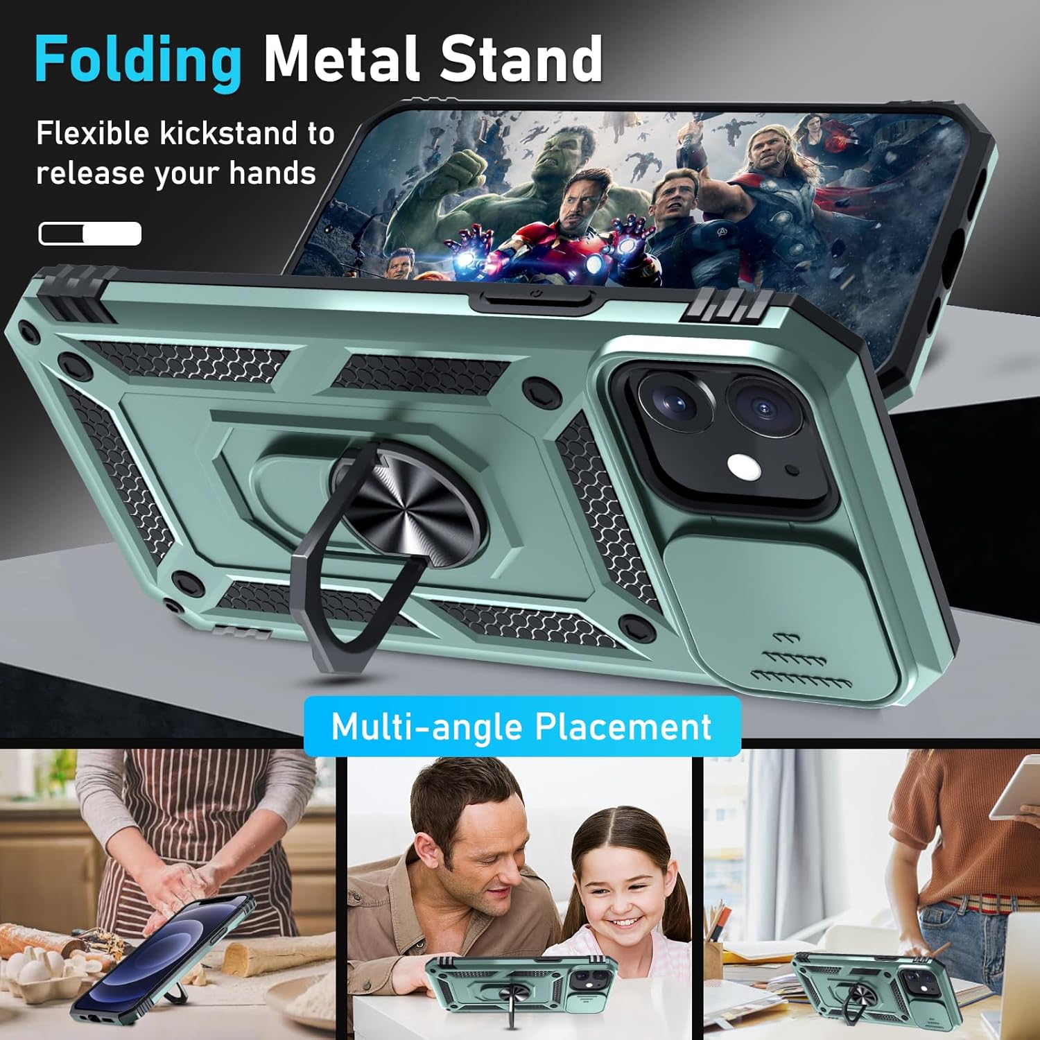 Janmitta Case for iPhone 12 & 12 Pro Phone Cover Built in Slide Camera Lens Cover+Screen Protector,Heavy Duty Shockproof Full Body PhoneCase with Finger Ring Holder Kickstand,Dark Green for iPhone 12/12 Pro Dark Green