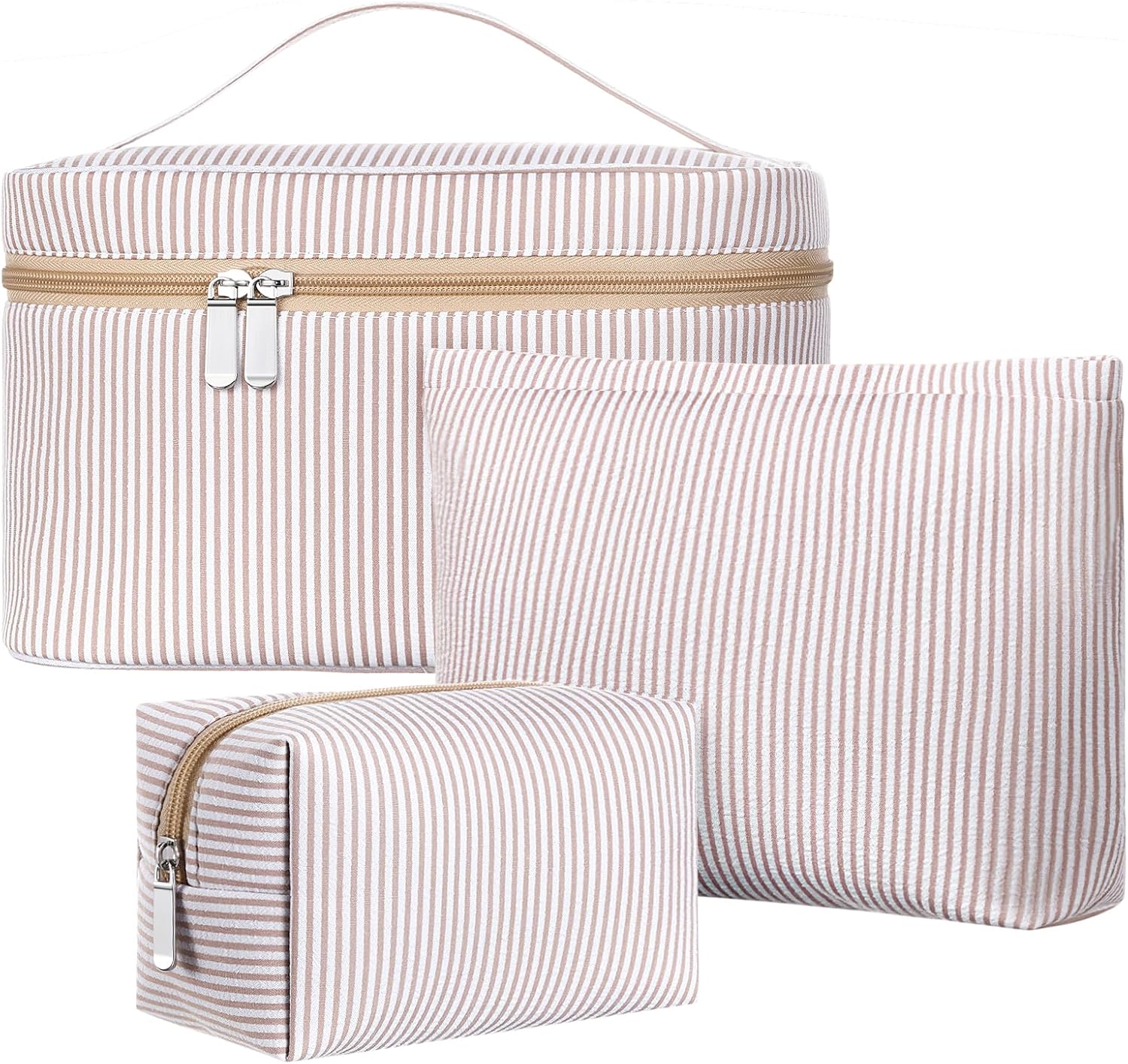 3 Pieces Makeup Bag Set for Women Cute Seersucker Cosmetic Pouch Travel Toiletry Bag Preppy Small Makeup Purse Pouch Aesthetic Skincare Brushes Storage Organizer for Women(Khaki)