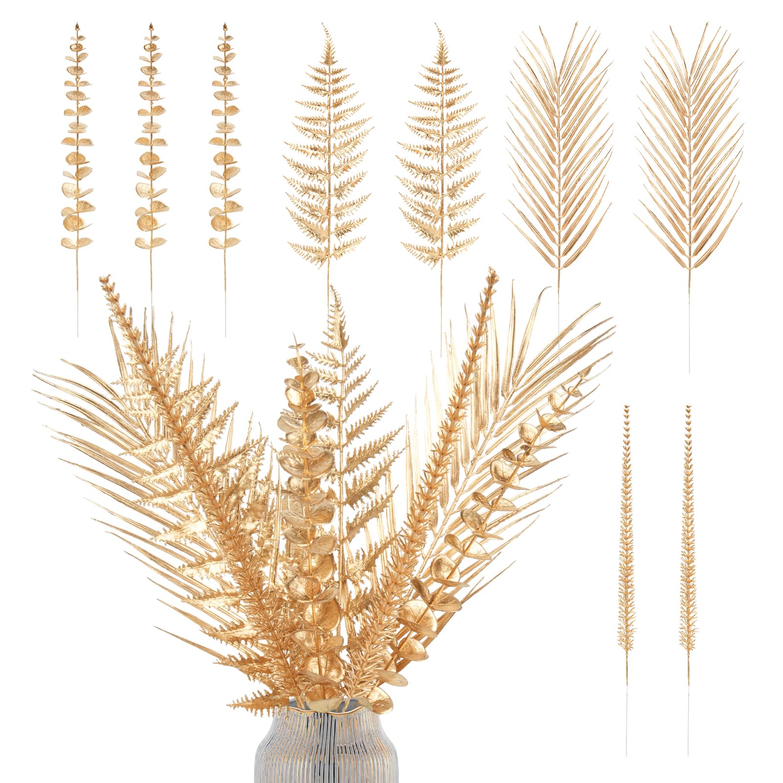 MACTING Christmas Tree Decoration Stems, 9Pcs Artificial Plants Stems, Plastic Golden Eucalyptus Simulation Fern Palm Leaves Fake Plant Grass for Wedding Party Indoor Office Table Centerpieces Decor