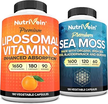 Nutrivein Premium Sea Moss Capsules & Vitamin C Supplement Bundle High-Absorption Liposomal Vitamin C & Irish Sea Moss Capsules - Digestive Wellness, Antioxidant Protection, Immune Support