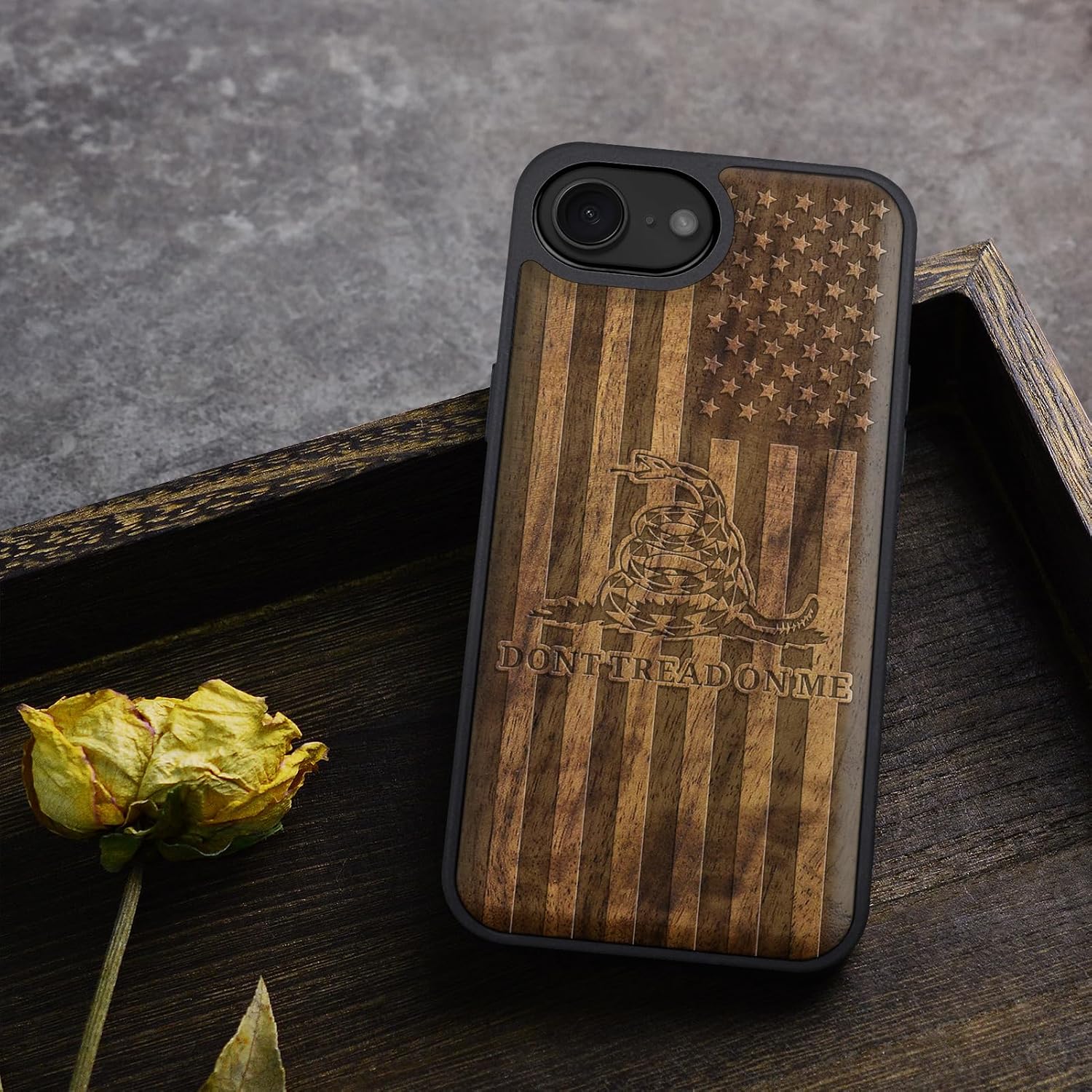 Carveit Magnetic Wooden Case for iPhone 16e / 17e, Solid Wood & Black TPU, Artisan Engraved Design, Shockproof Cover, Compatible with MagSafe Wireless Chargers, Gadsden and American Flag - Walnut