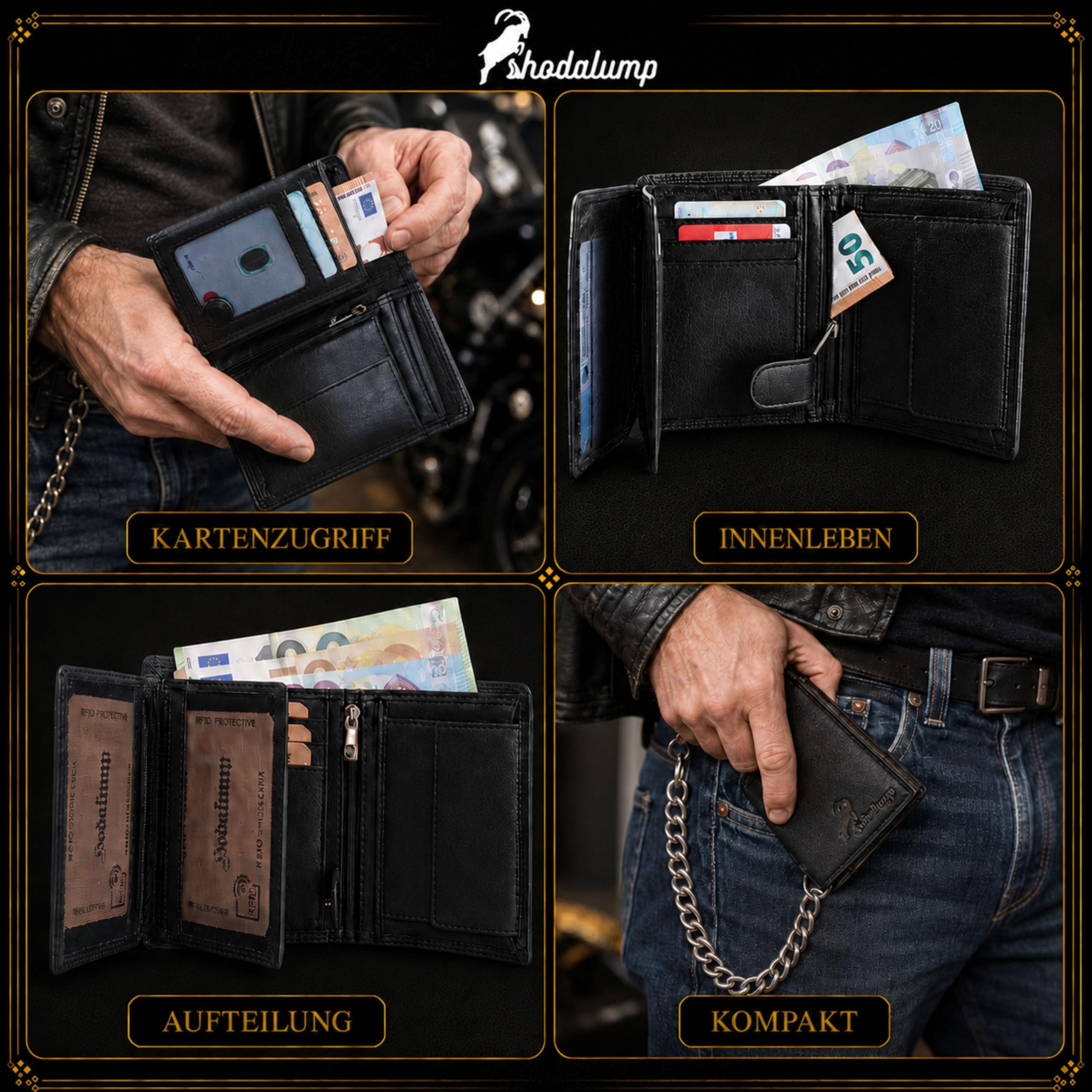 hodalump Portafoglio in vera pelle, protezione RFID, Nero , Normal, Rétro