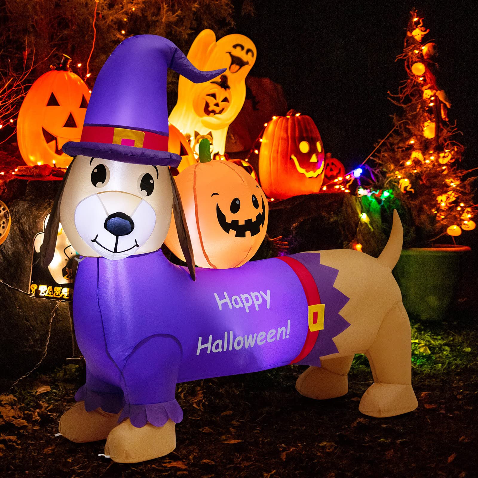 BestComfort 5 FT Long Halloween Inflatable Dachshund Dog w/ Pumpkin, Self Inflating Yard Decor w/ Built-in LED Lights, Halloween Decor Garden Lawn Festival Party, Purple & Brown ( BComfort -24077-CM)