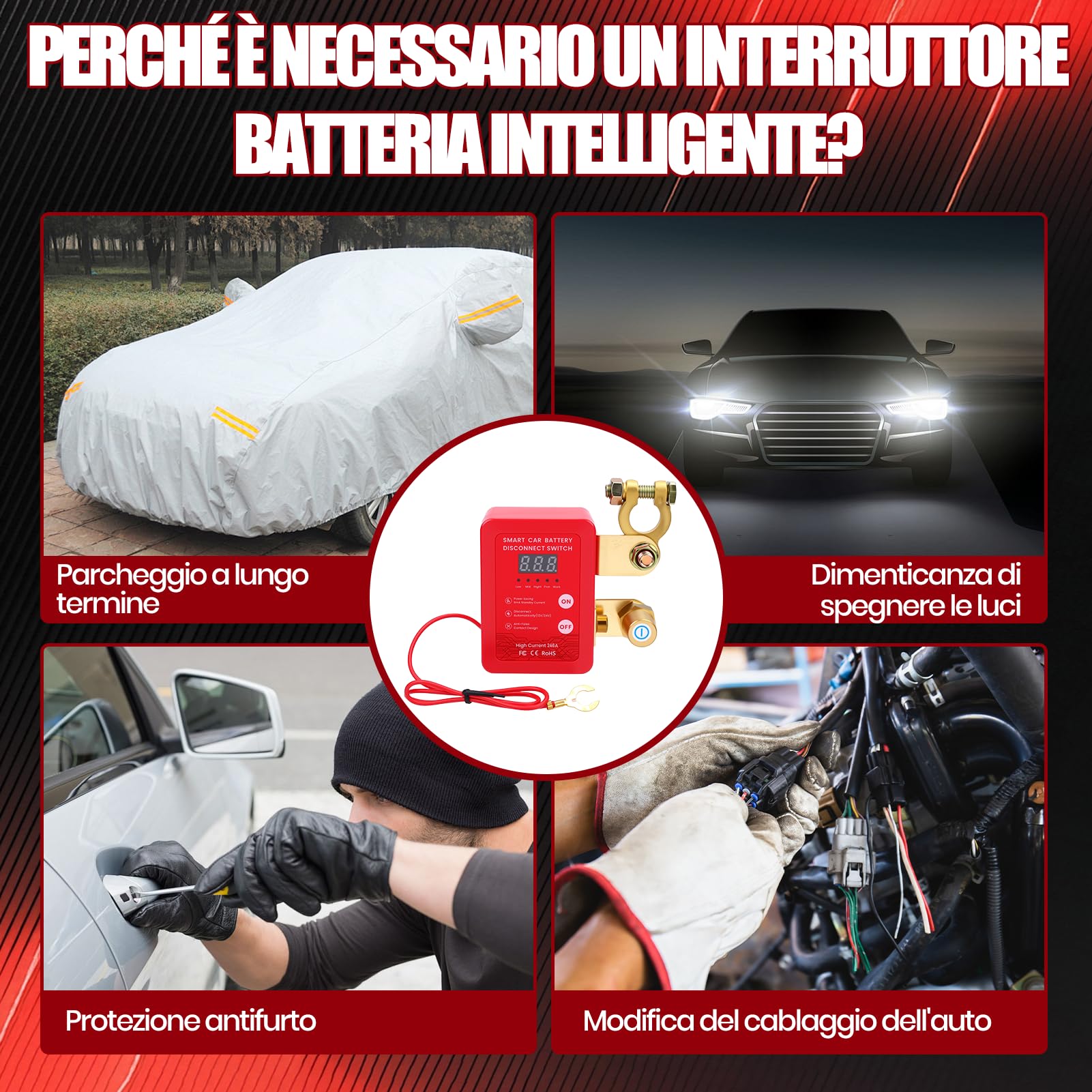 Stacca Batteria 12V per Auto, 240A Remoto Automatico Stacca Batteria Senza Fili, Interruttore di Isolamento con Telecomando per Camion Barca Auto RV ATV (Rosso)