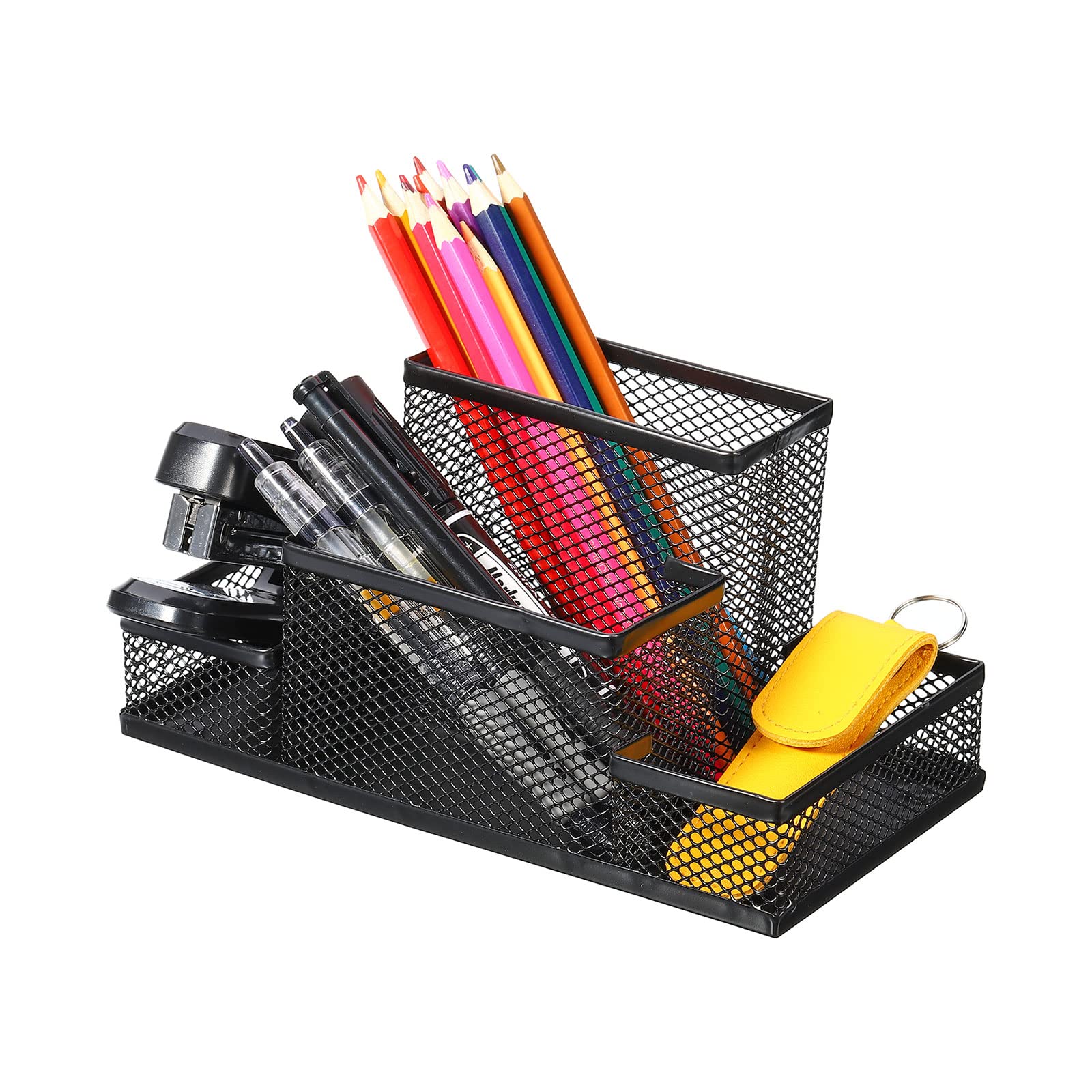 PATIKIL Maglia Metallo Penna Supporto, 2pz Scrivania Organizzatori 4 Scomparti Matita Contenitore Scatola per Ufficio Desktop, Nero