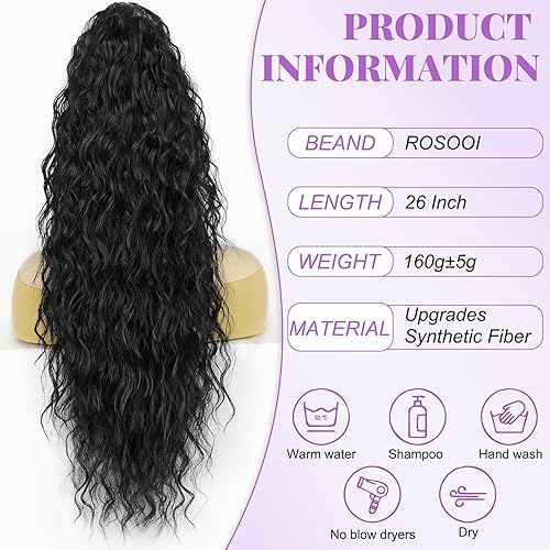 Miniatura 3 de Rosooi Extensión de cola de caballo de 26 pulgadas de largo, color negro, para mujer, extensiones de cabello sintético largo y ondulado con clip,