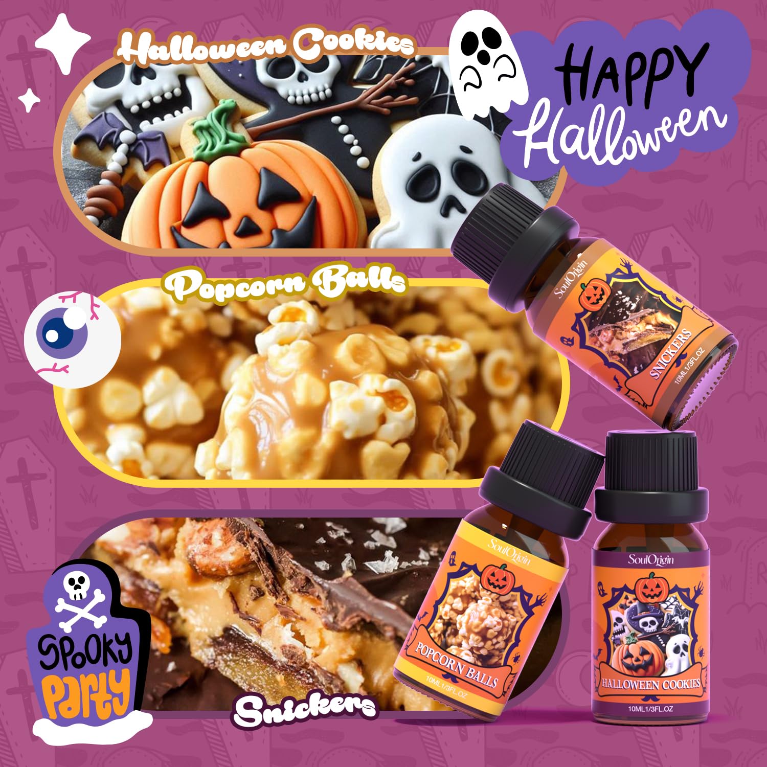 Halloween Fragrance Oils Set, Essential Oil for Diffuser, Diffuser Oil, Use for Soap Candle Making,Caramel Apples, Pumpkin Pie, Candy Corn, Halloween Cookies, Popcorn Balls, Snickers Bars - Image 3
