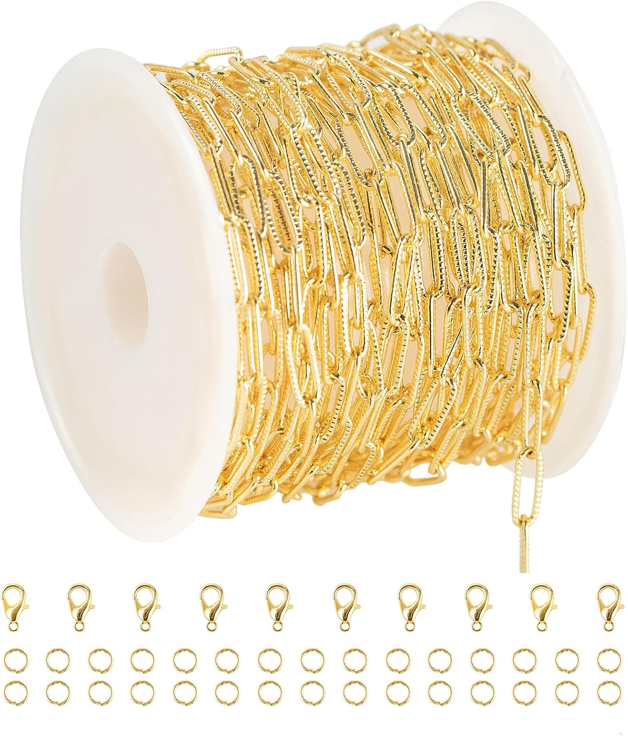 YOUBEIYEE 16.4 Feet Light Gold Embossed Paperclip Chain for Jewelry Making 18K Gold Plated Brass Chain Roll Women Necklace Bracelet DIY Jewelry Supplies