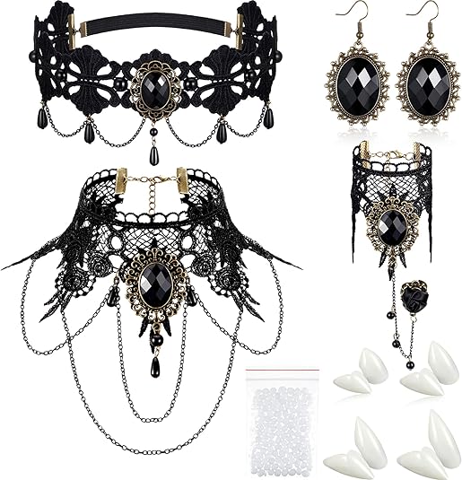 Gothic Vampire Halloween Costume Jewelry Set: Fangs, Choker, Earrings & More!
