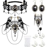 8 Pieces Halloween Vampire Costume Gothic Jewelry Set Teeth Fangs Choker Earrings Bracelets Gothic Costume Accessories for Victorian Halloween Party Vampire Cosplay Party Supplies