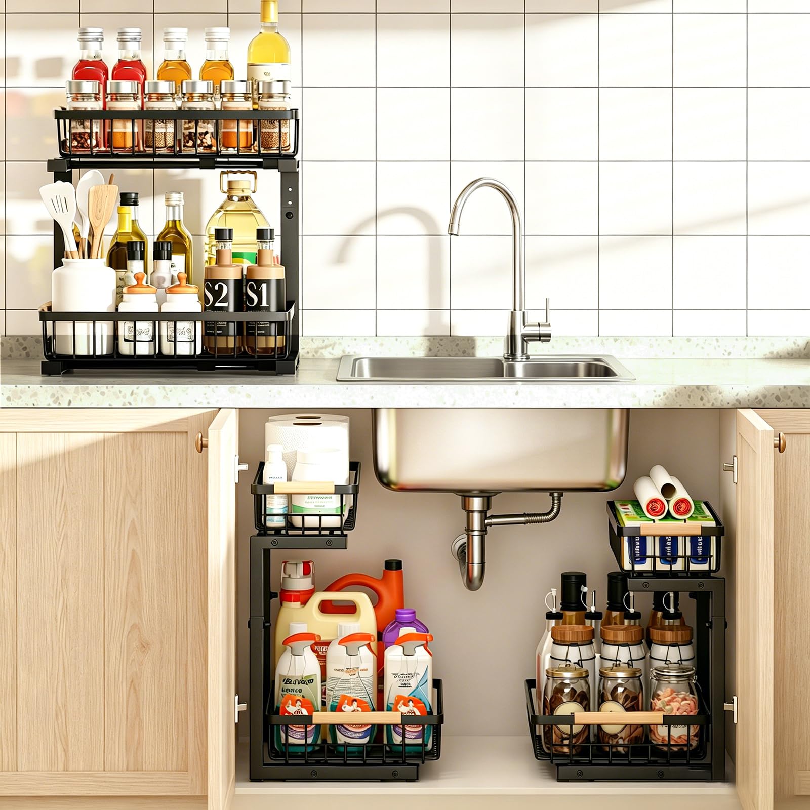 REALINN Organizador para debajo del fregadero, paquete de 2 organizadores y almacenamiento ajustables en altura para debajo del fregadero, organizador de gabinete extraíble de 2 niveles para cocina y
