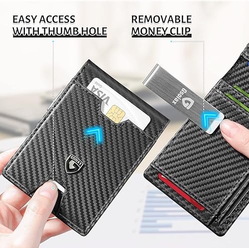 Miniatura 5 de GSOIAX Billetera delgada para hombre con bloqueo RFID, carteras plegables para hombres, minimalista, de piel auténtica, fibra de carbono, tarjetero