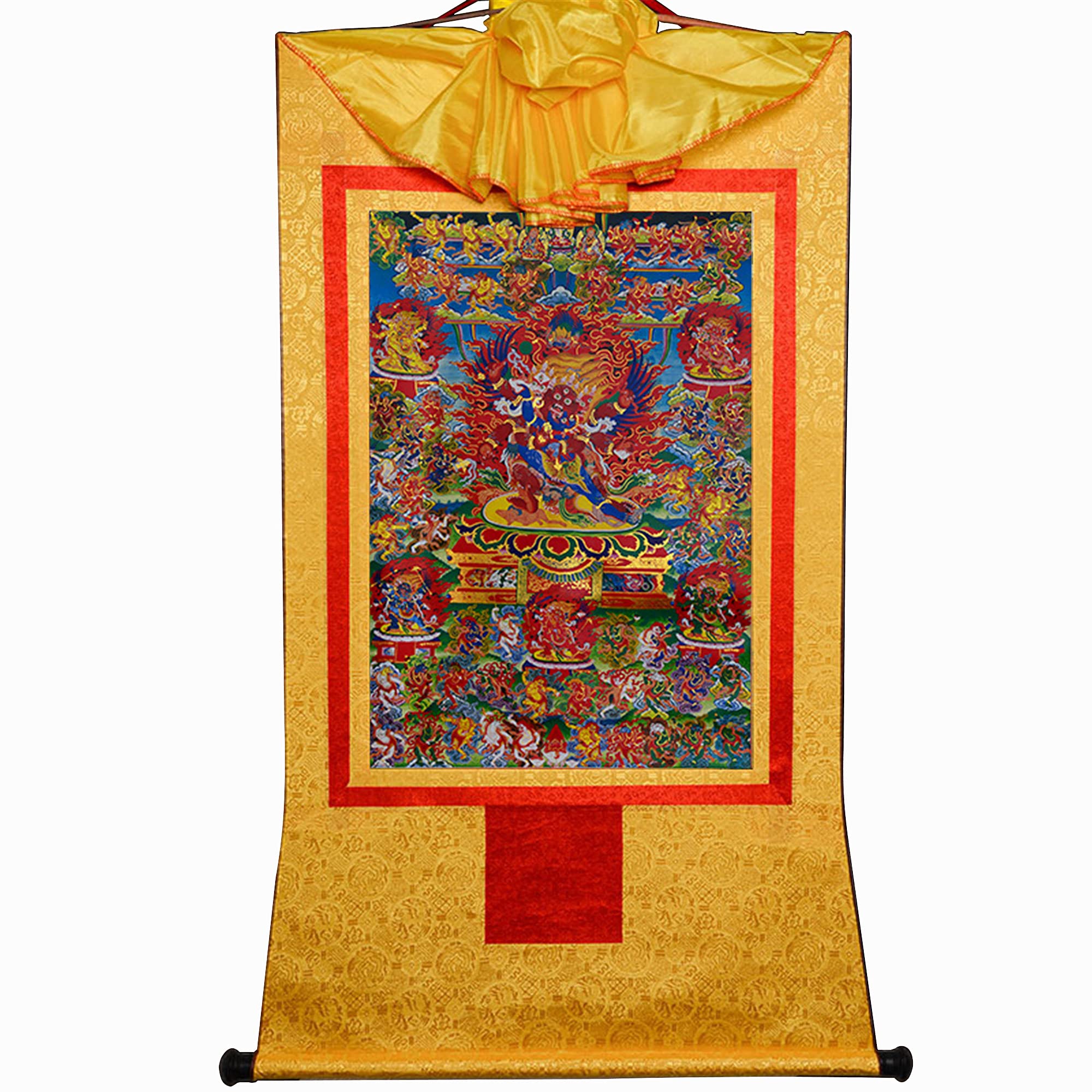Gandhanra Yellow Tibetan Buddhist Thangka Wall Hanging,58 Wrathfu Deities Of The Bardo Thodol(Tibetan Book Of Dead),Buddha Tapestry For Zen Home Decor, Meditation, Spiritual Relaxation Small