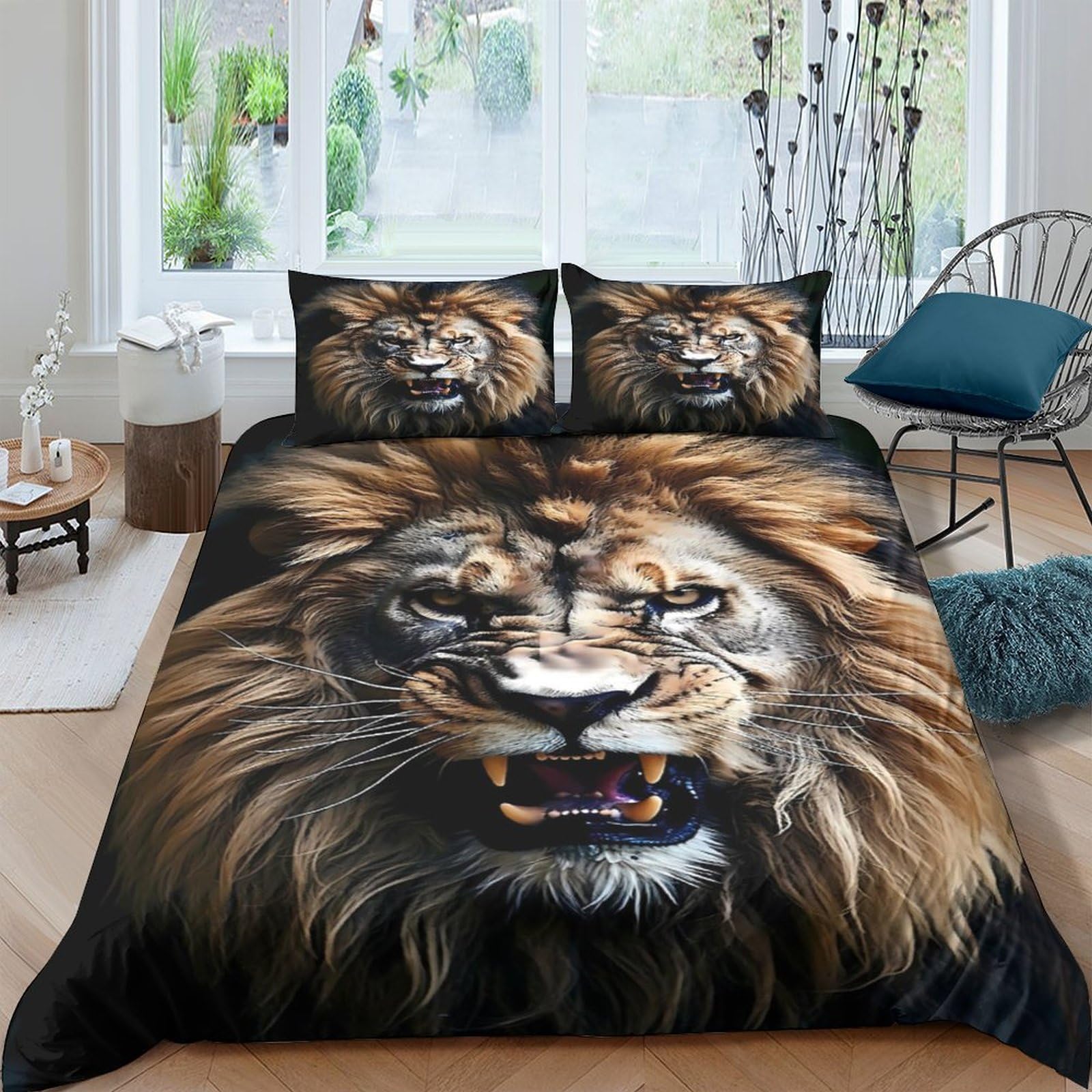 3D Printed Lion Wild Animal Duvet Cover Microfiber Soft Breathable Jungle King Bedding Set with 2 Pillowcases for Bedroom Decor Single（135x200cm）