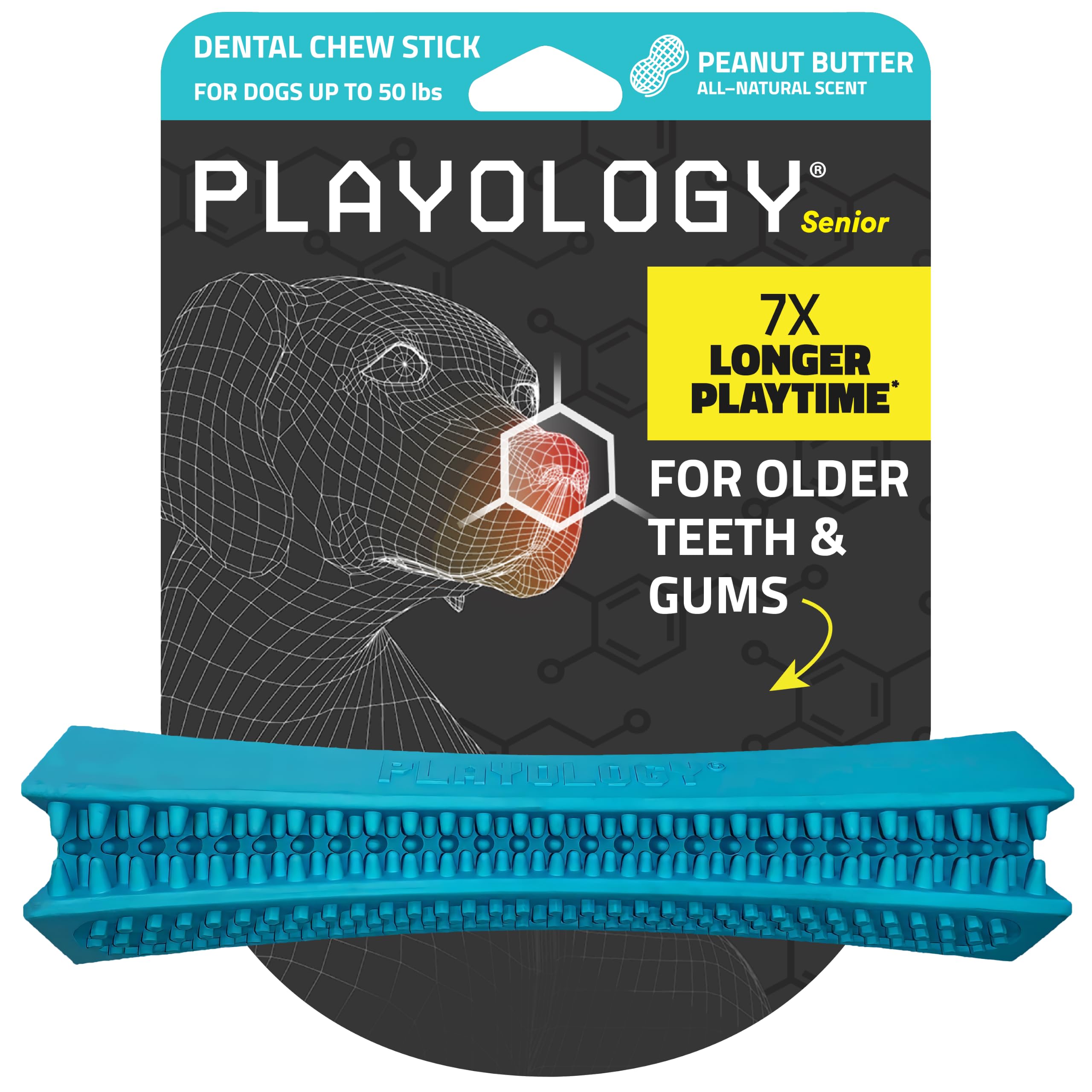 Playology Dog Toys | Dental Chew Stick for Senior Dogs | Peanut Butter Scented Medium Toy | Dog Chew Toy for Healthy Teeth and Gums